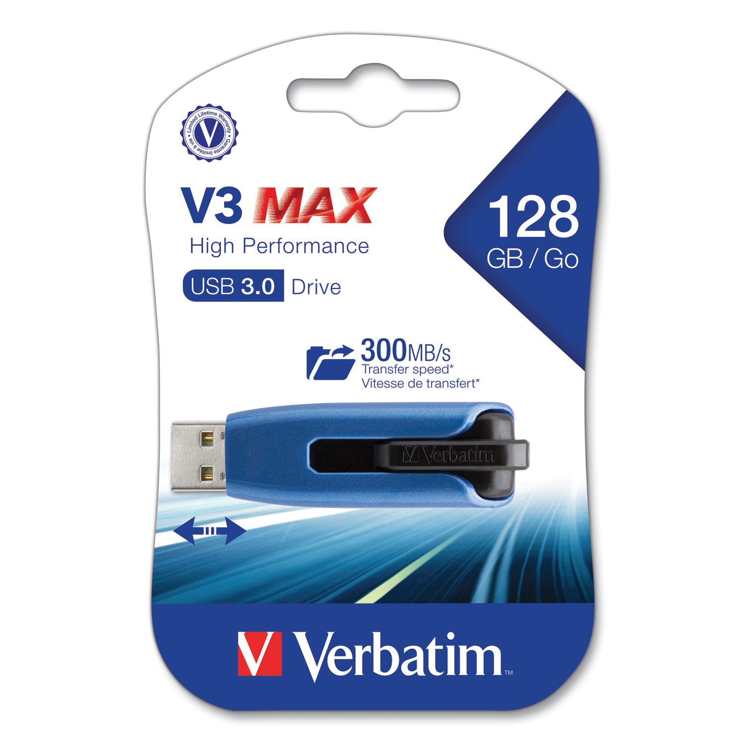 Verbatim® V3 Max Usb 3.0 Flash Drive, 128 Gb, Blue