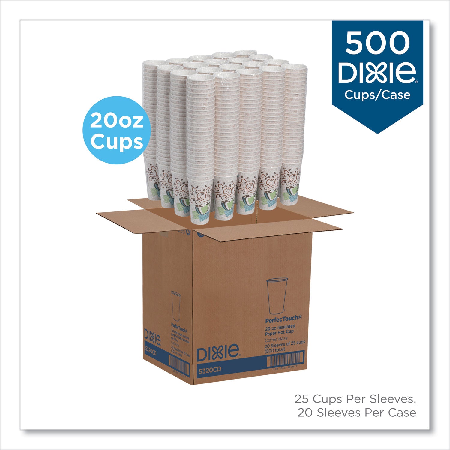 Dixie® PerfecTouch Paper Hot Cups, 20 oz, Coffee Haze Design, 25/Sleeve, 20 Sleeves/Carton