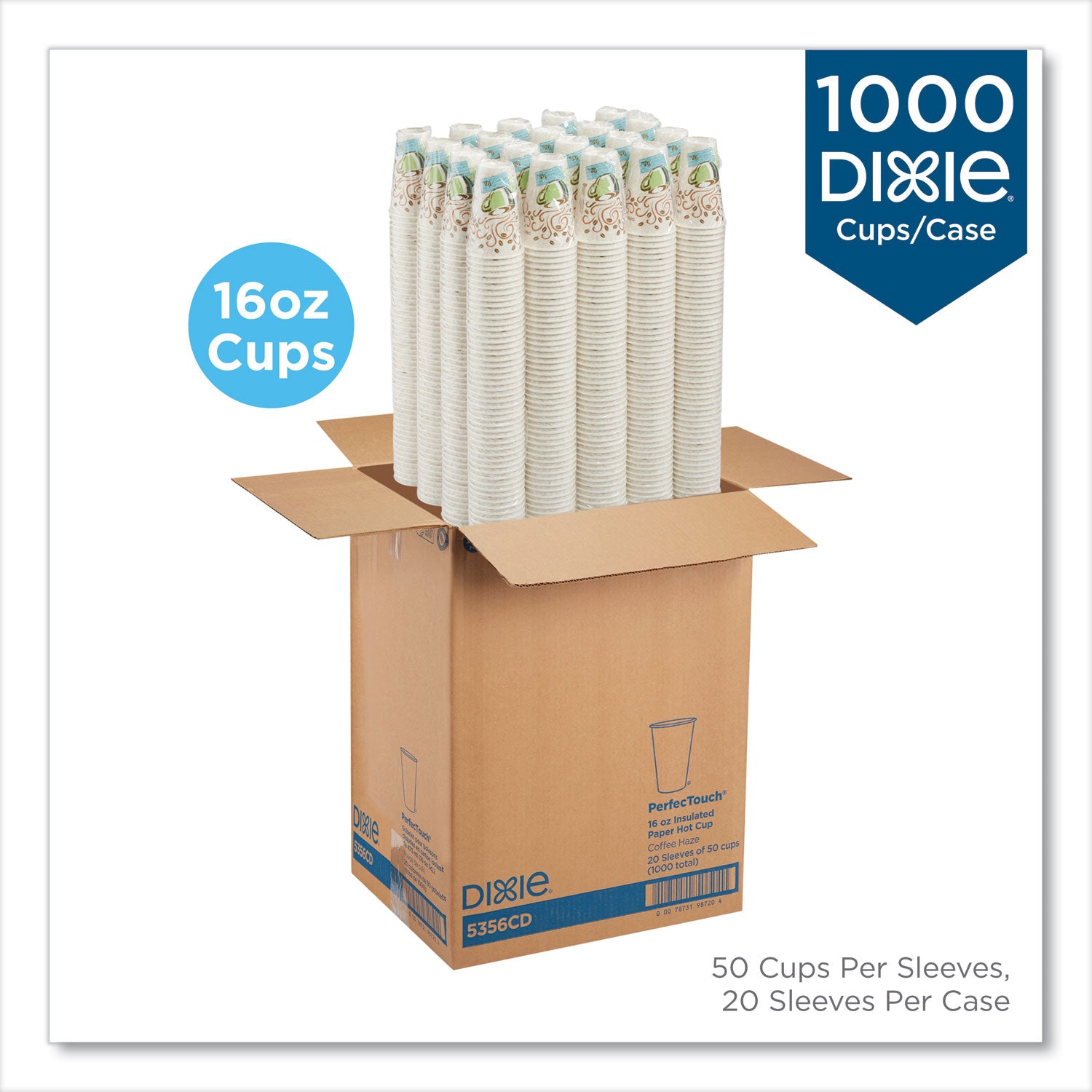 Dixie® PerfecTouch Paper Hot Cups, 16 oz, Coffee Haze Design, 50/Sleeve, 20 Sleeves/Carton