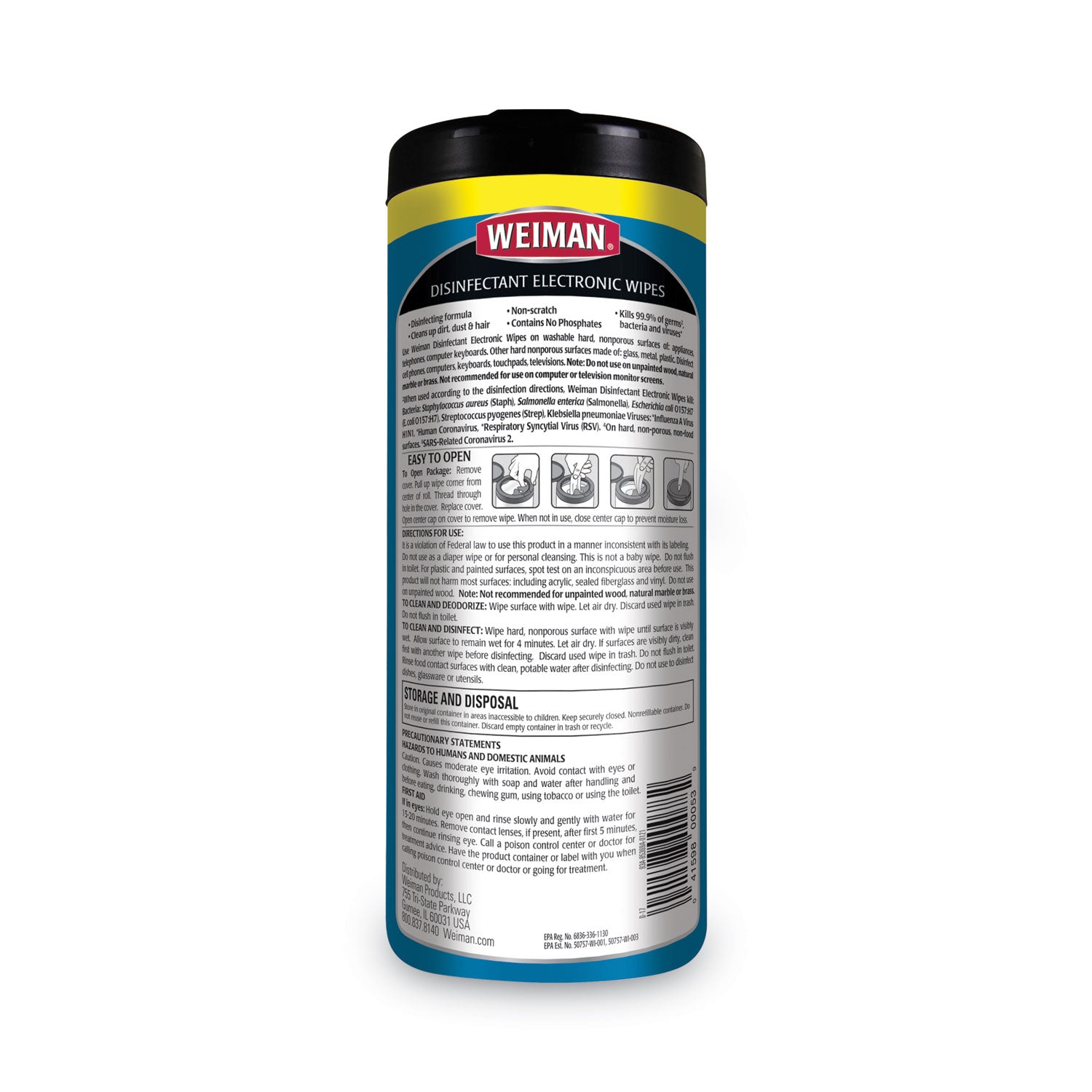 WEIMAN® E-tronic Wipes, 1-Ply, 7 x 8, White, 30/Canister, 4 Canisters/Carton