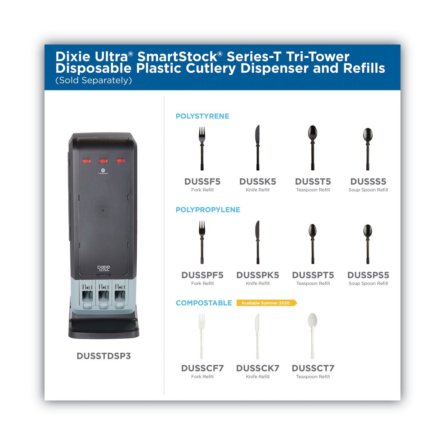 Dixie® SmartStock Tri-Tower Dispensing System Cutlery, Forks, Mediumweight, Polypropylene, Black, 40/Pack, 24 Packs/Carton