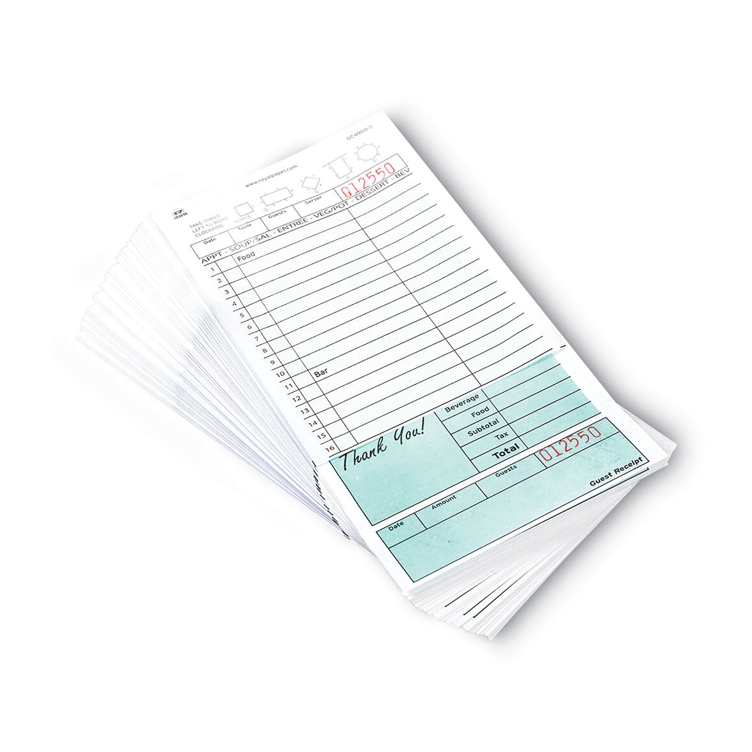 AmerCareRoyal® Guest Check Pad, 16 Lines, Two-Part Carbonless, 4.2 x 8.25, 50 Forms/Pad, 50 Pads/Carton