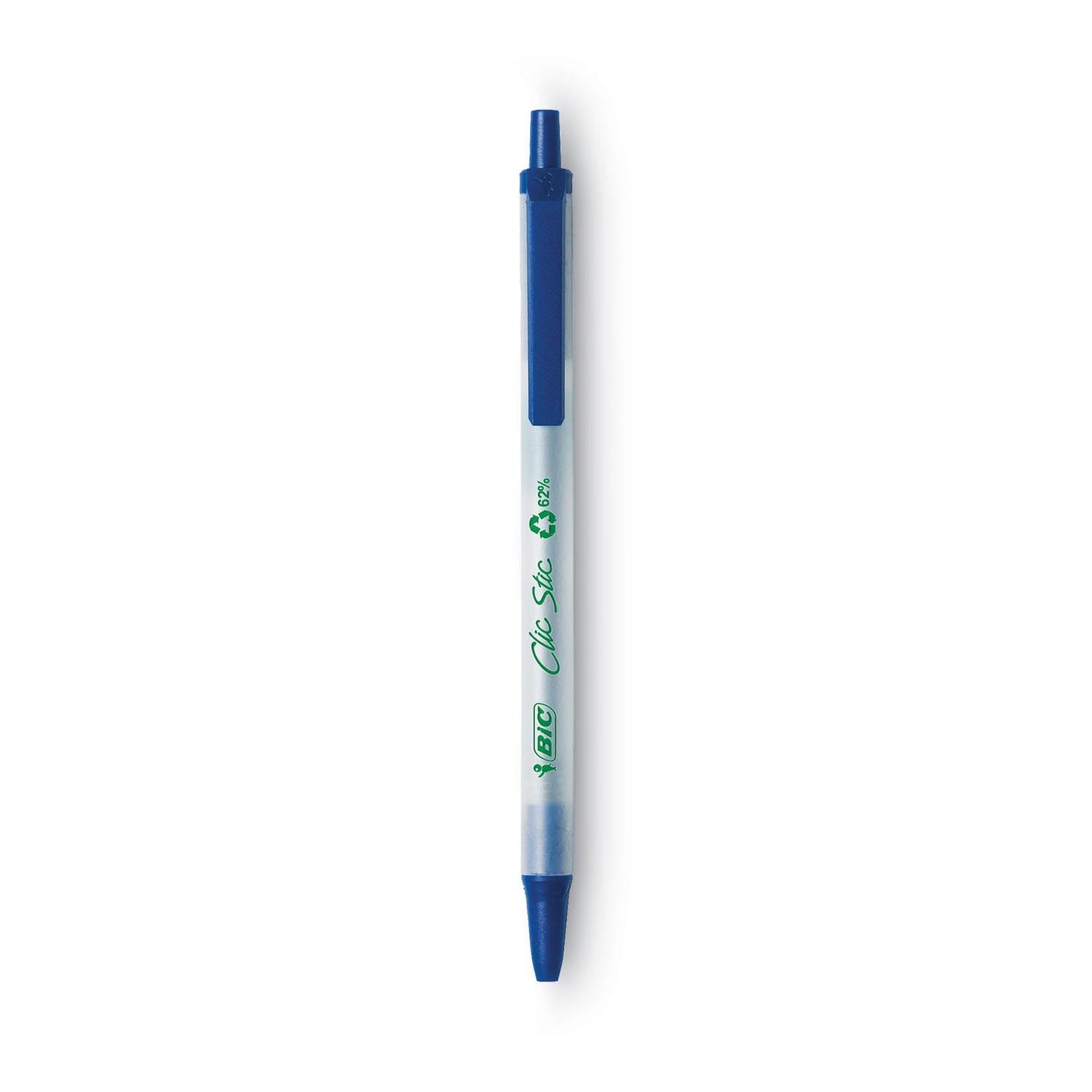 BIC® Ecolutions Clic Stic Ballpoint Pen, Retractable, Medium 1 mm, Blue Ink, Translucent Frost/Blue Barrel, Dozen