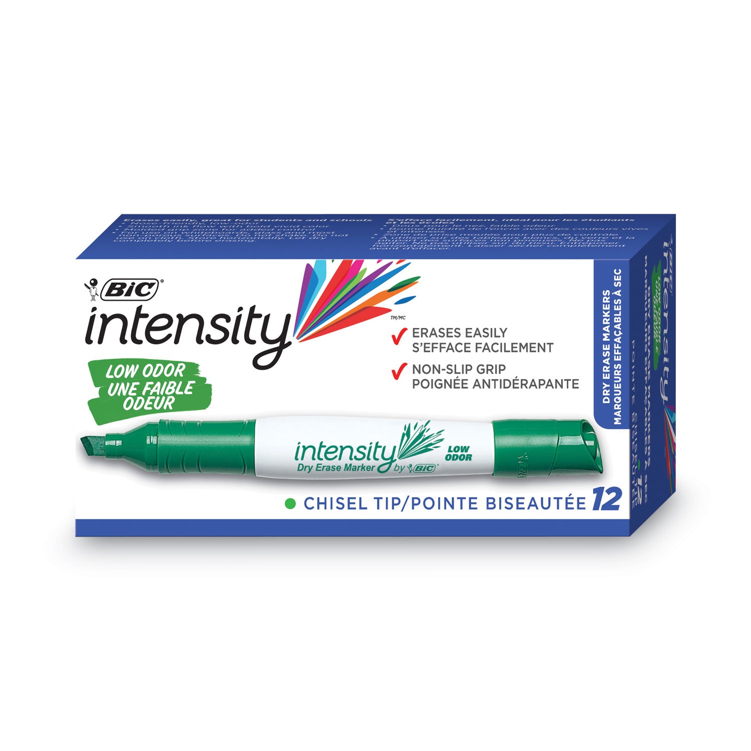 Intensity Low Odor Chisel Tip Dry Erase Marker, Broad Chisel Tip, Green, Dozen