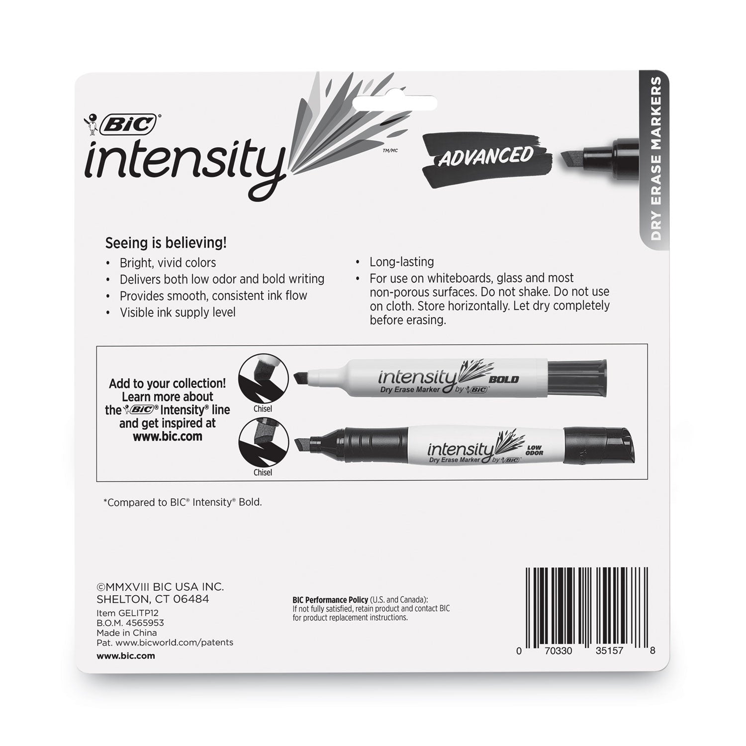 BIC® Intensity Advanced Dry Erase Marker, Tank-Style, Broad Chisel Tip, Assorted Colors, Dozen