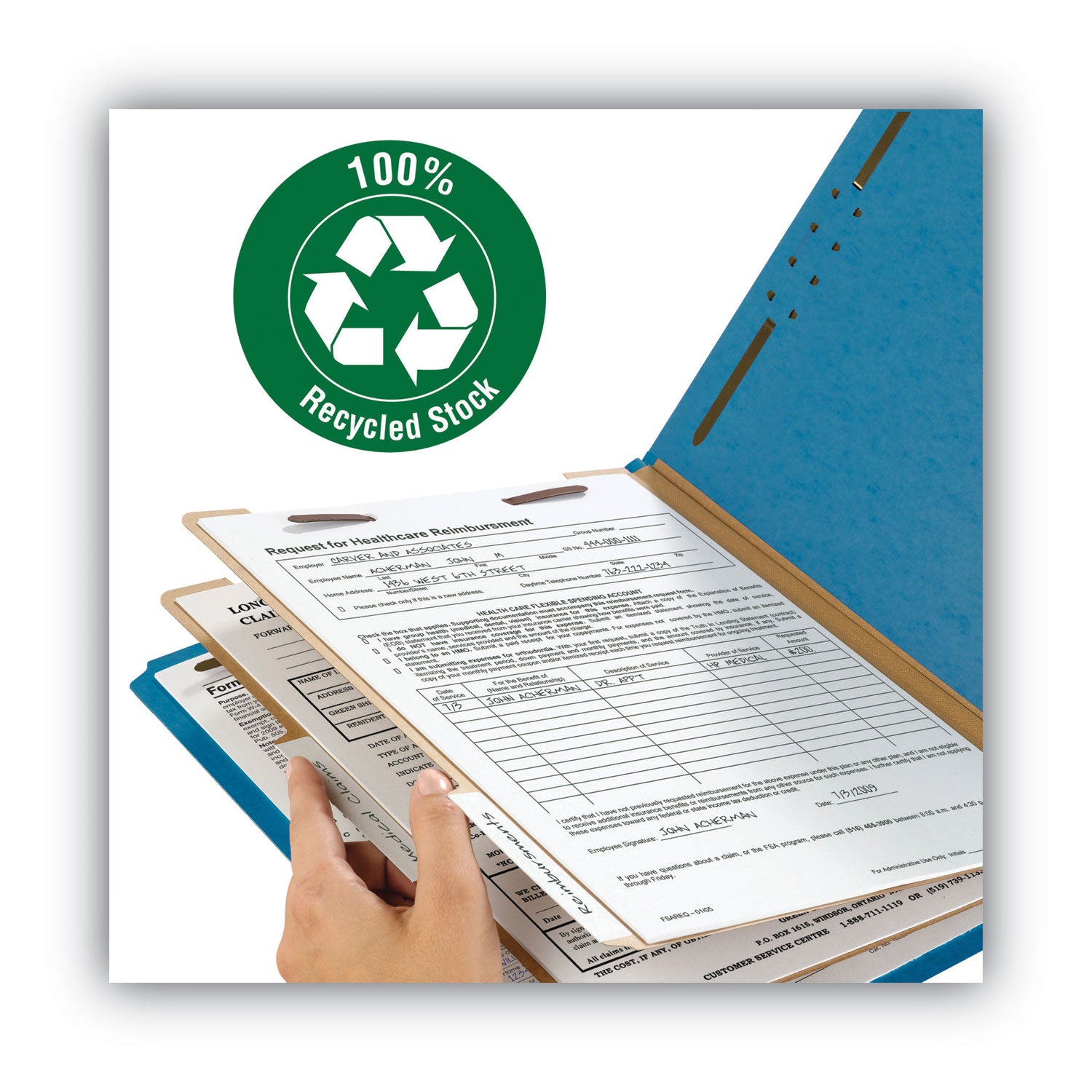 Recycled Pressboard Classification Folders, 2" Expansion, 2 Dividers, 6 Fasteners, Letter Size, Dark Blue, 10/Box