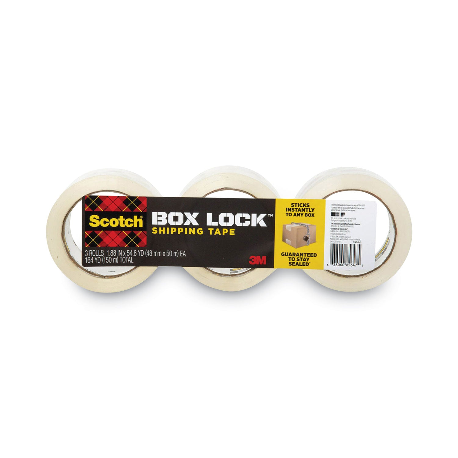 Box Lock Shipping Packaging Tape, 3" Core, 1.88" x 54.6 yds, Clear, 3/Pack