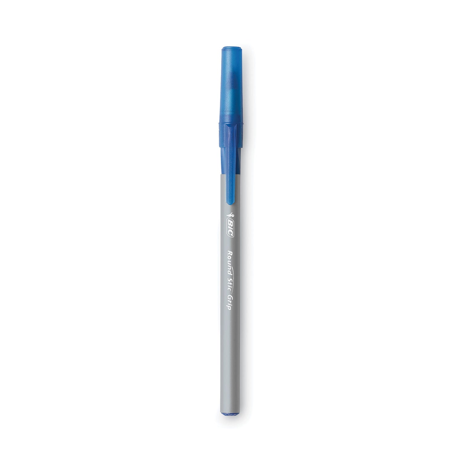 BIC® Round Stic Grip Xtra Comfort Ballpoint Pen, Stick, Fine 0.8 mm, Blue Ink, Gray/Blue Barrel, Dozen