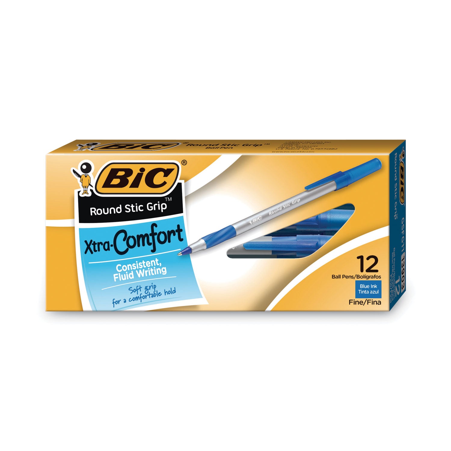 Round Stic Grip Xtra Comfort Ballpoint Pen, Stick, Fine 0.8 mm, Blue Ink, Gray/Blue Barrel, Dozen