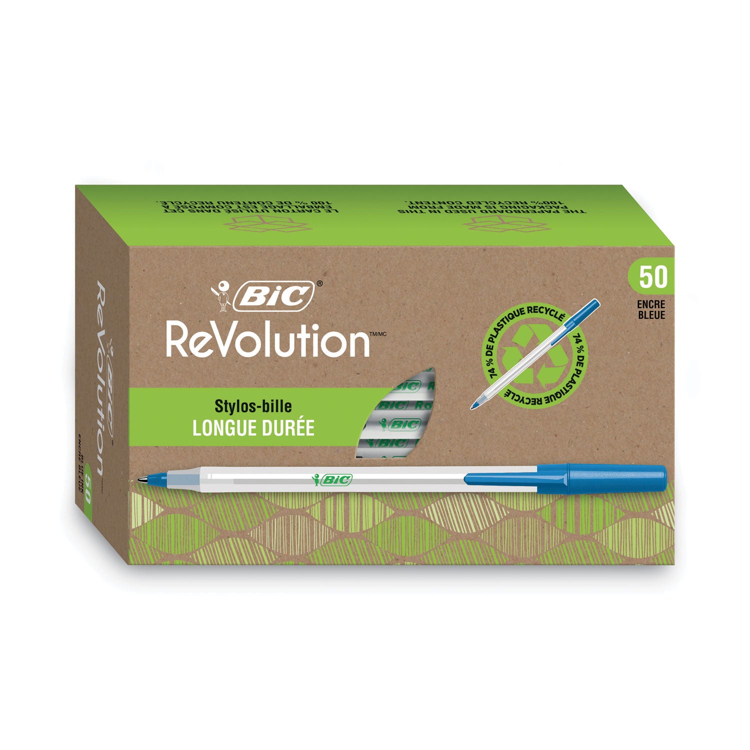 Ecolutions Round Stic Ballpoint Pen Value Pack, Stick, Medium 1 mm, Blue Ink, Clear Barrel, 50/Pack