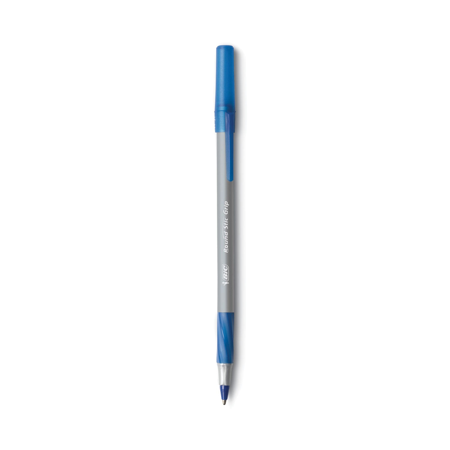 BIC® Round Stic Grip Xtra Comfort Ballpoint Pen, Easy-Glide, Stick, Medium 1.2 mm, Blue Ink, Gray/Blue Barrel, Dozen