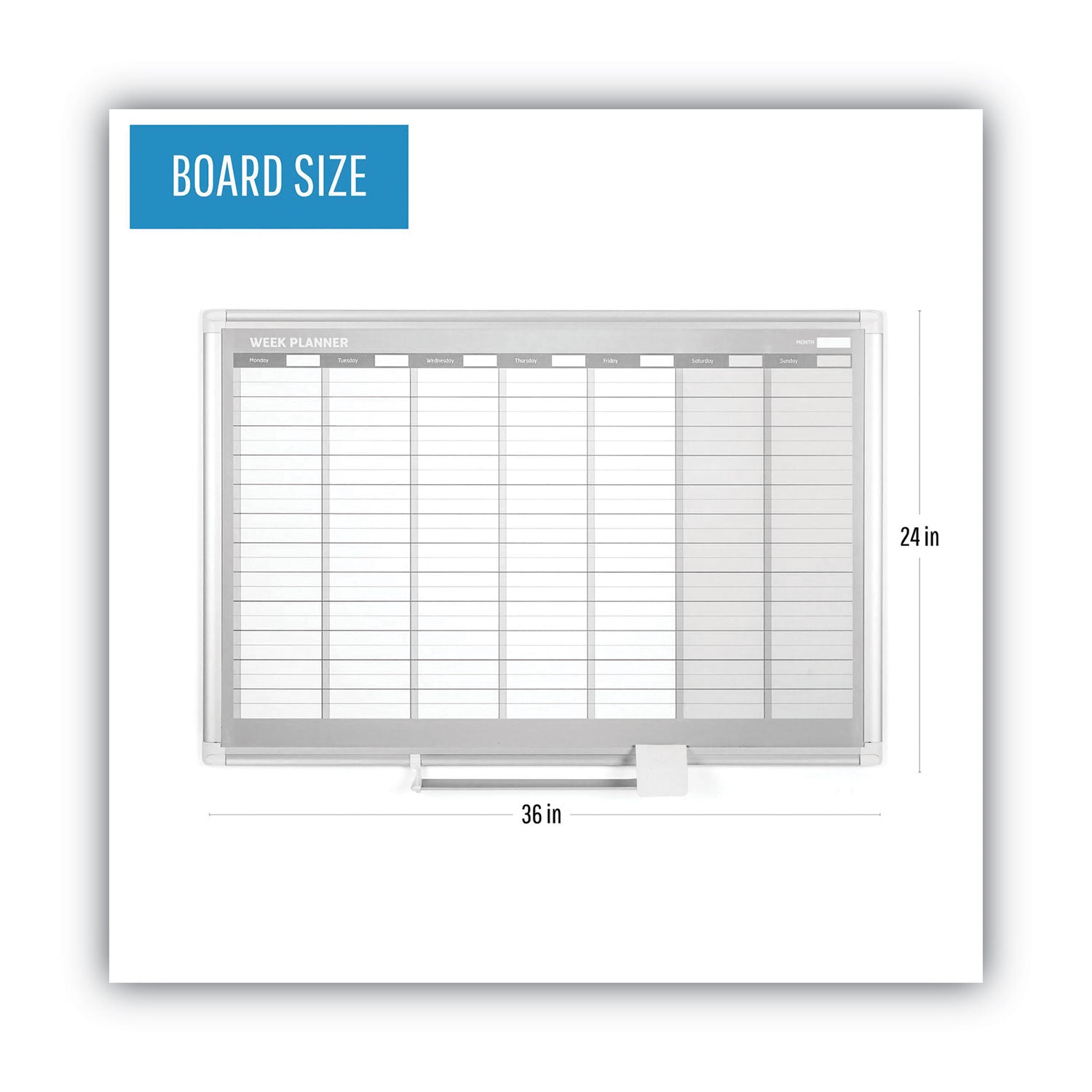 MasterVision® Magnetic Dry Erase Calendar Board, Weekly Calendar, 36 x 24, White Surface, Silver Aluminum Frame