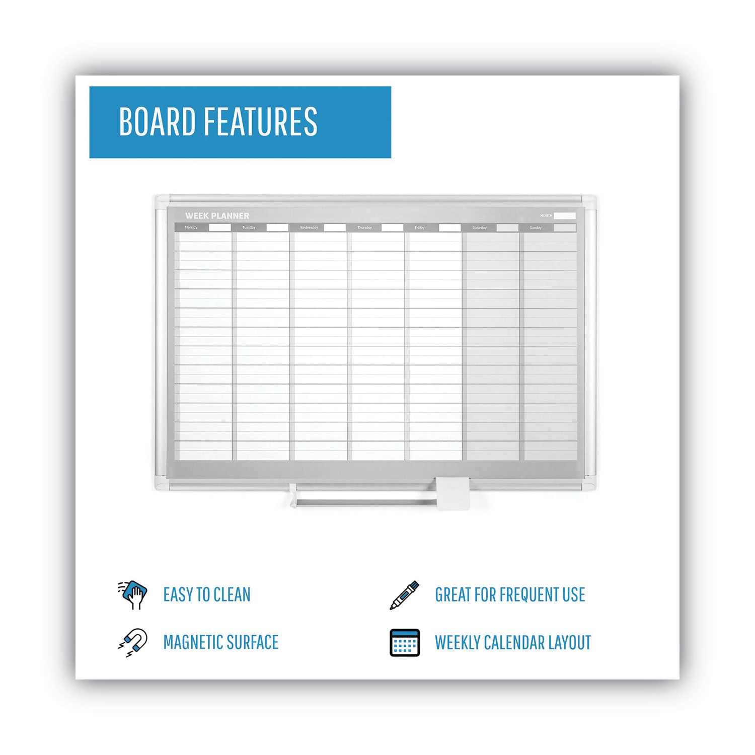 MasterVision® Magnetic Dry Erase Calendar Board, Weekly Calendar, 36 x 24, White Surface, Silver Aluminum Frame