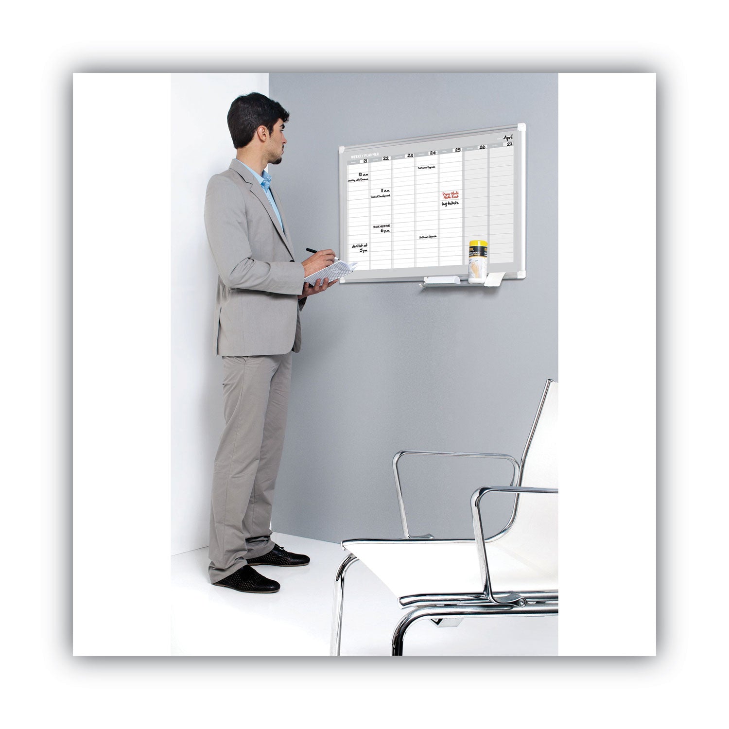 MasterVision® Magnetic Dry Erase Calendar Board, Weekly Calendar, 36 x 24, White Surface, Silver Aluminum Frame