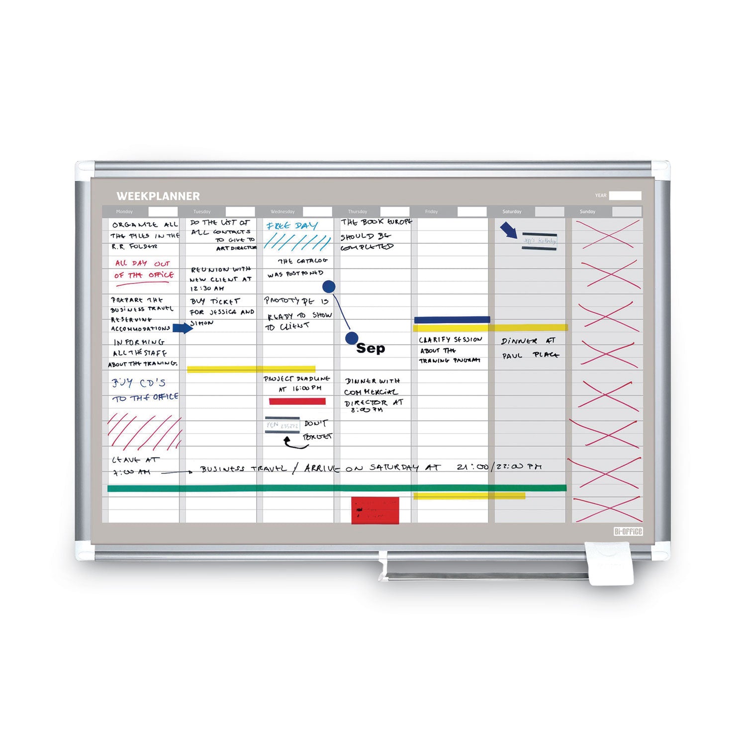 MasterVision® Magnetic Dry Erase Calendar Board, Weekly Calendar, 36 x 24, White Surface, Silver Aluminum Frame