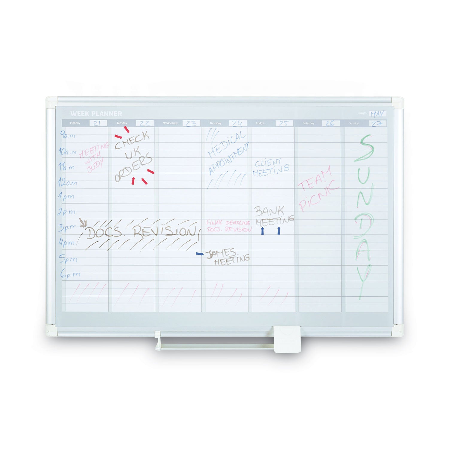 MasterVision® Magnetic Dry Erase Calendar Board, Weekly Calendar, 36 x 24, White Surface, Silver Aluminum Frame