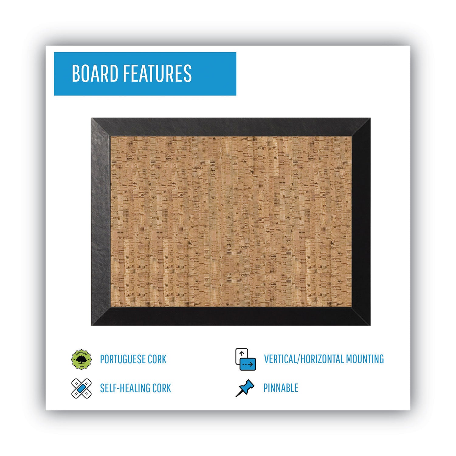 MasterVision® Natural Cork Bulletin Board, 24 x 18, Tan Surface, Black Wood Frame