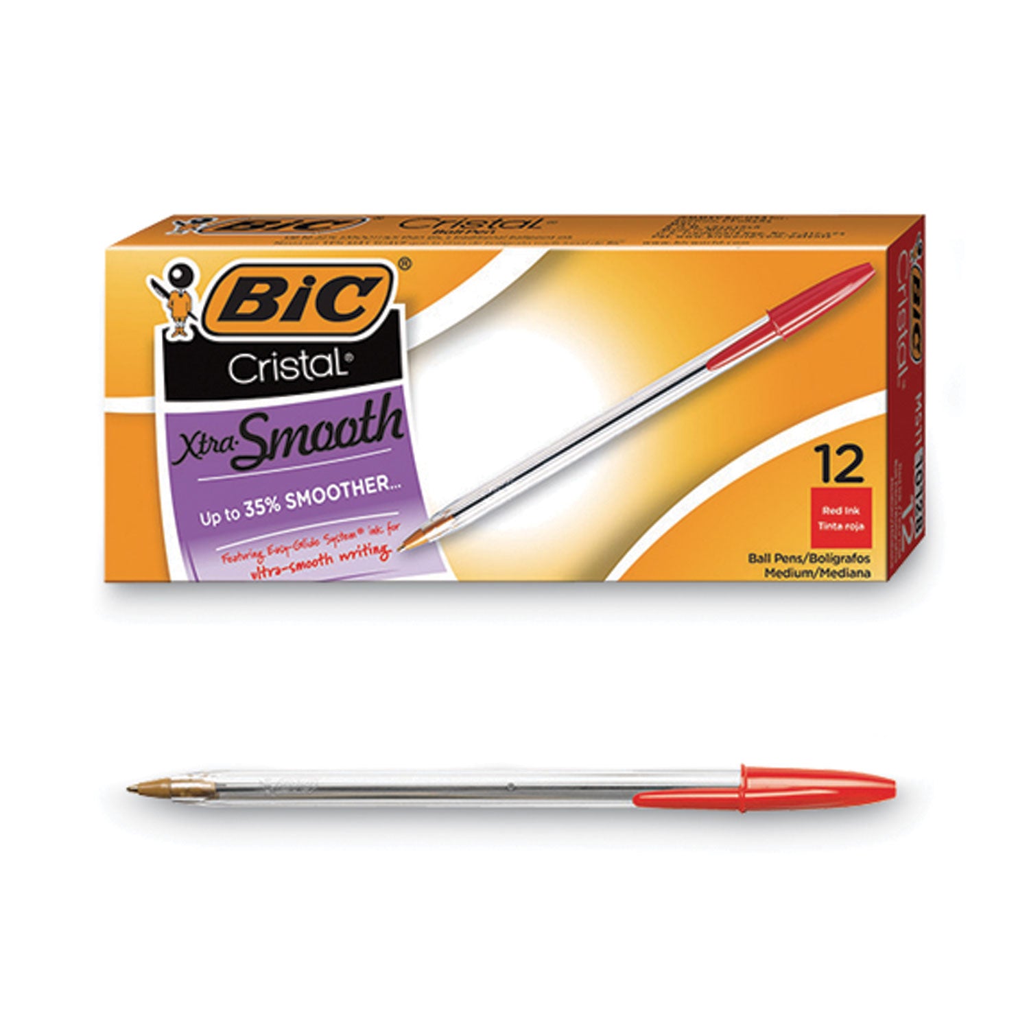 BIC® Cristal Xtra Smooth Ballpoint Pen, Stick, Medium 1 mm, Red Ink, Clear Barrel, Dozen