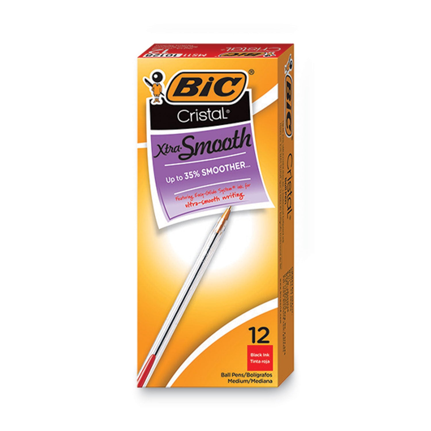 BIC® Cristal Xtra Smooth Ballpoint Pen, Stick, Medium 1 mm, Red Ink, Clear Barrel, Dozen