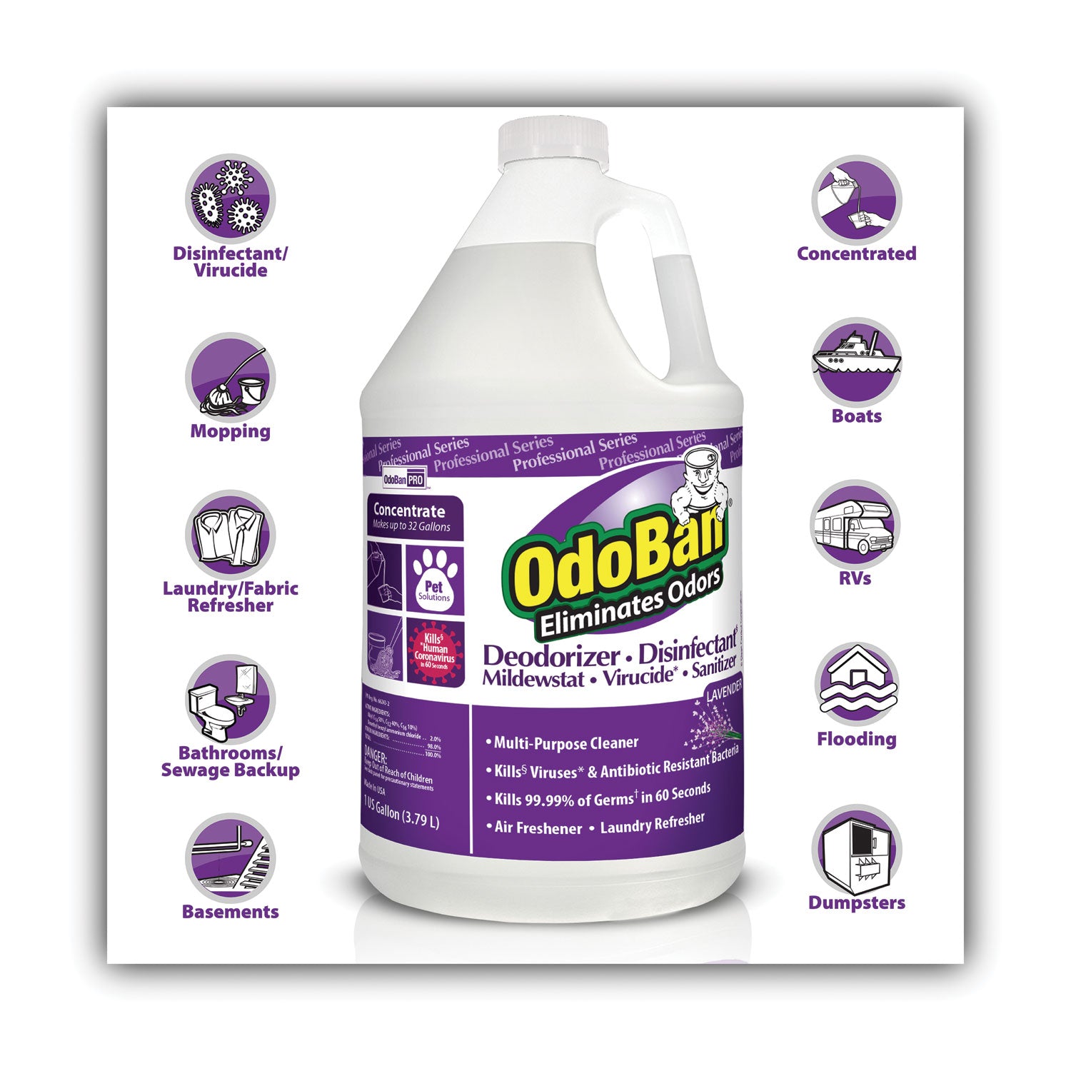 OdoBan® Concentrate Odor Eliminator and Disinfectant, Lavender Scent, 1 gal Bottle, 4/Carton