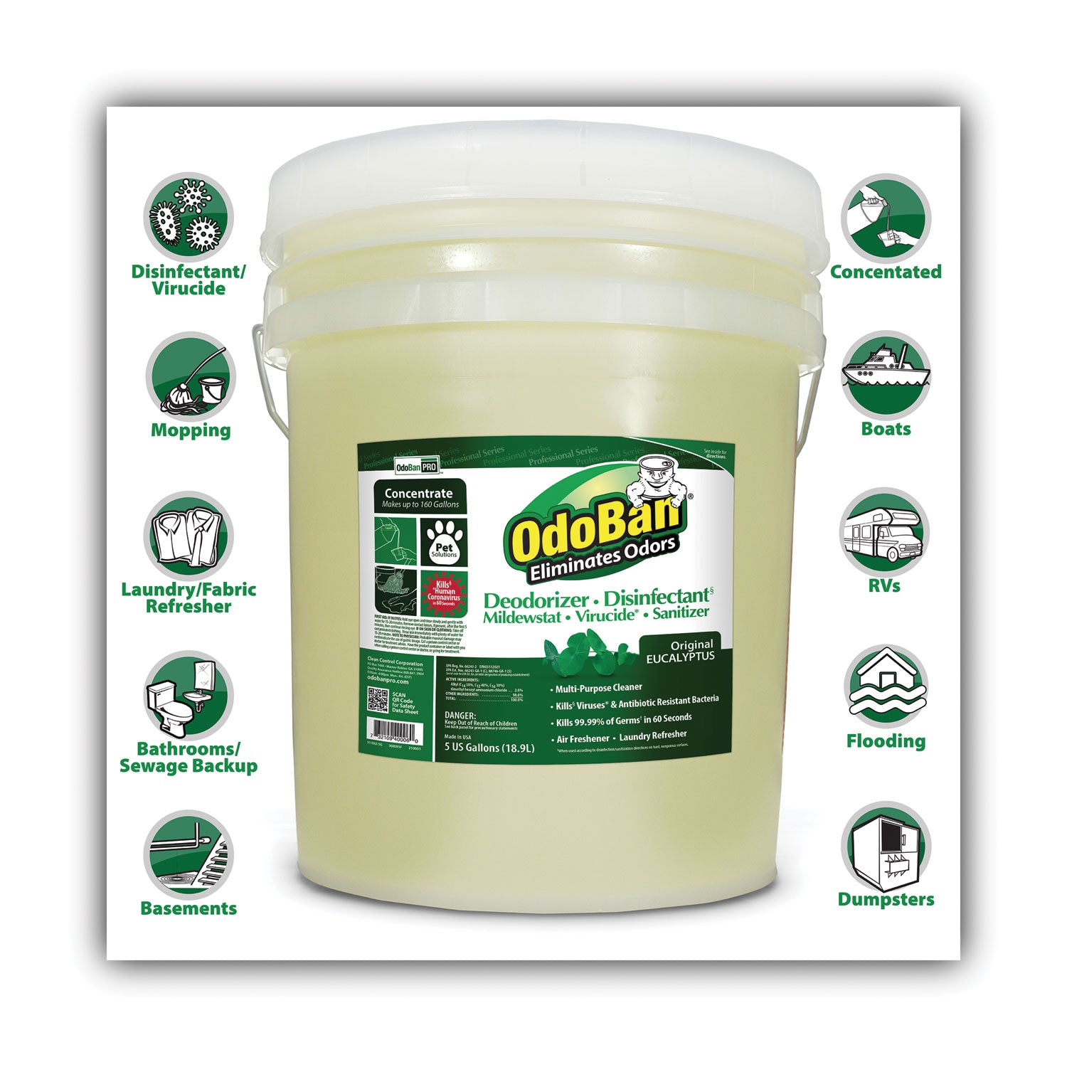 OdoBan® Concentrated Odor Eliminator and Disinfectant, Eucalyptus, 5 gal Pail