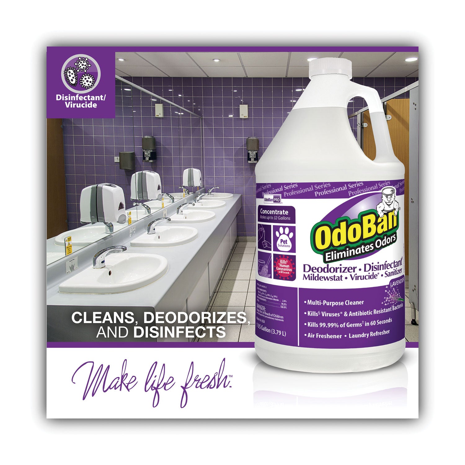 OdoBan® Concentrate Odor Eliminator and Disinfectant, Lavender Scent, 1 gal Bottle, 4/Carton