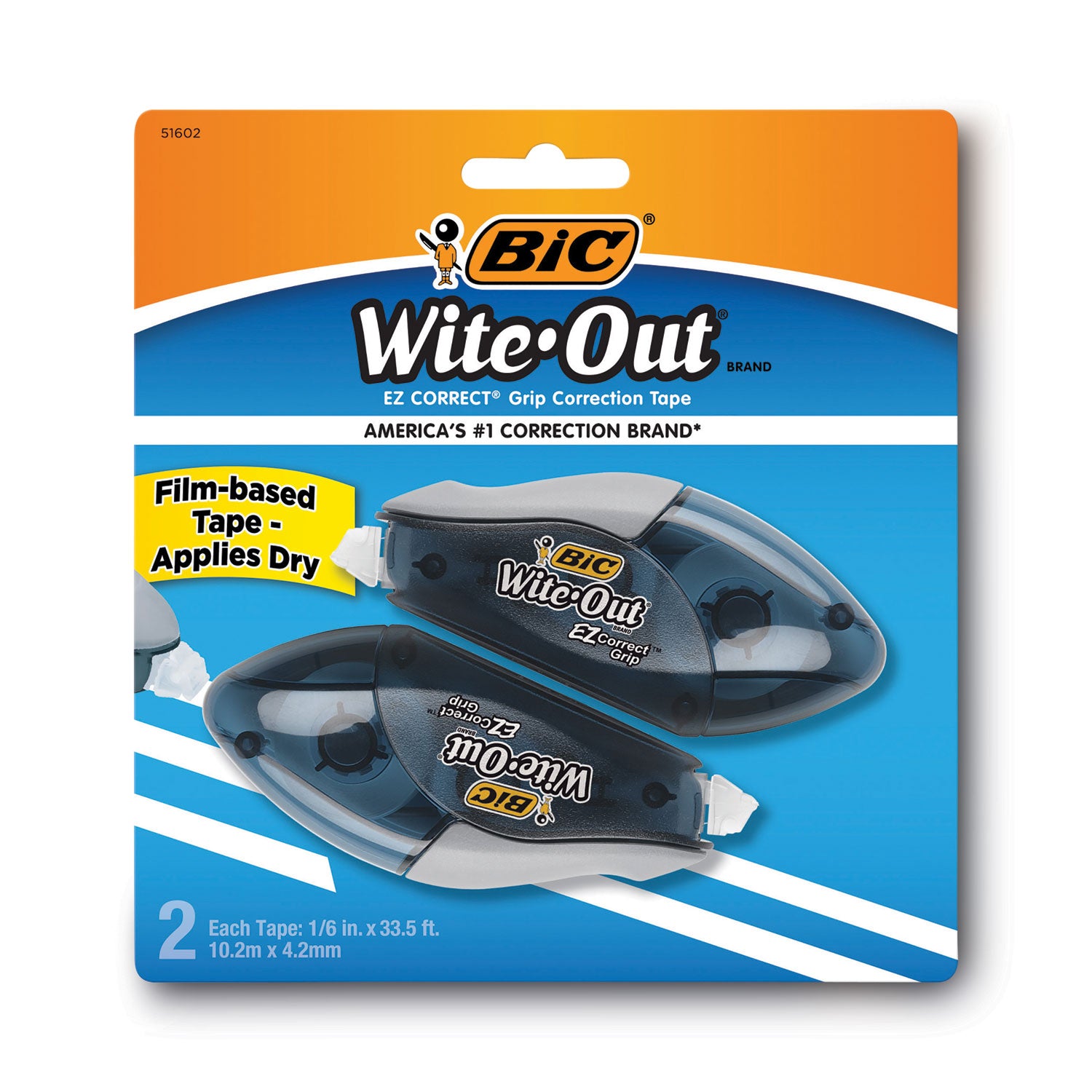 BIC® Wite-Out EZ Correct Grip Correction Tape, NonRefill, Smoke Applicator, 0.17" x 402", 2/Pack