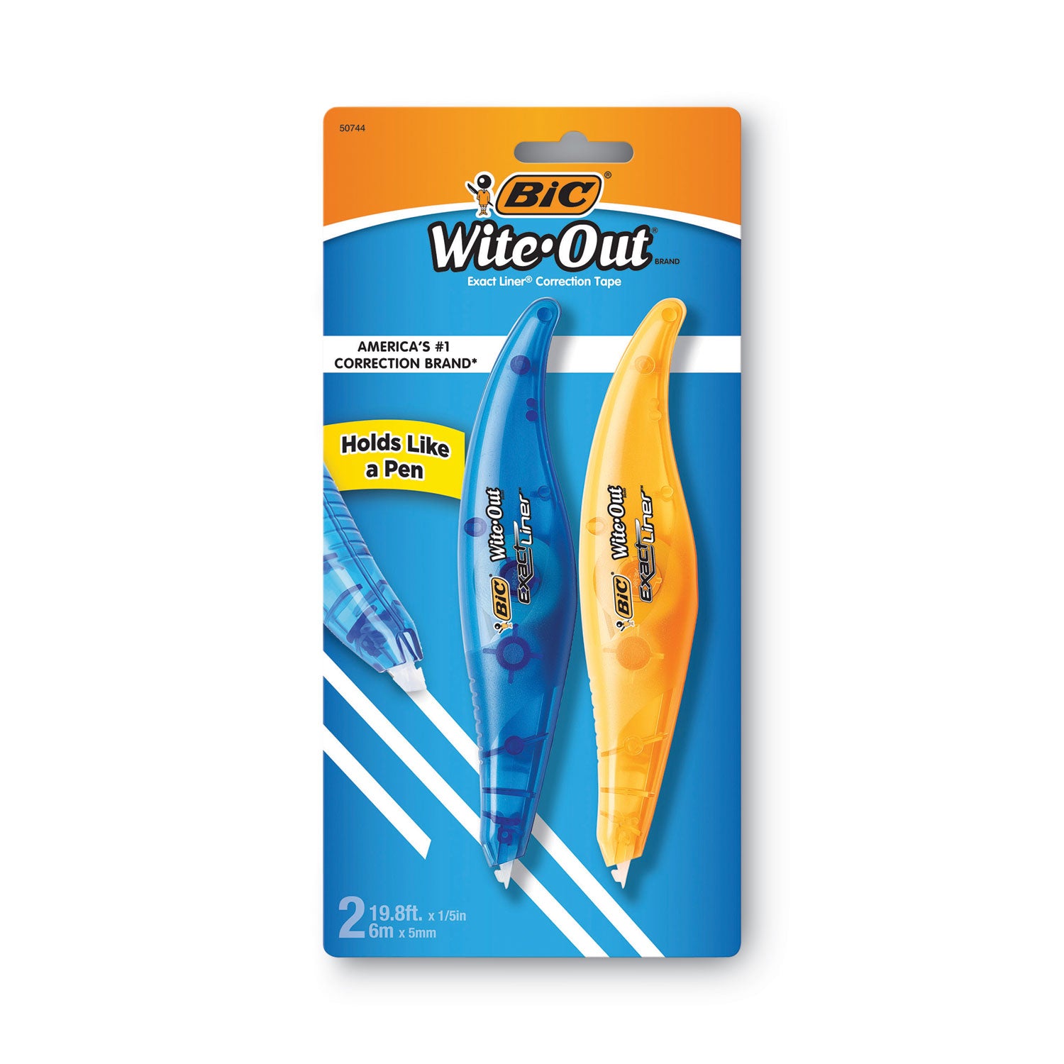 Wite-Out Brand Exact Liner Correction Tape, Non-Refillable, Blue/Orange Applicators, 0.2" x 236", 2/Pack