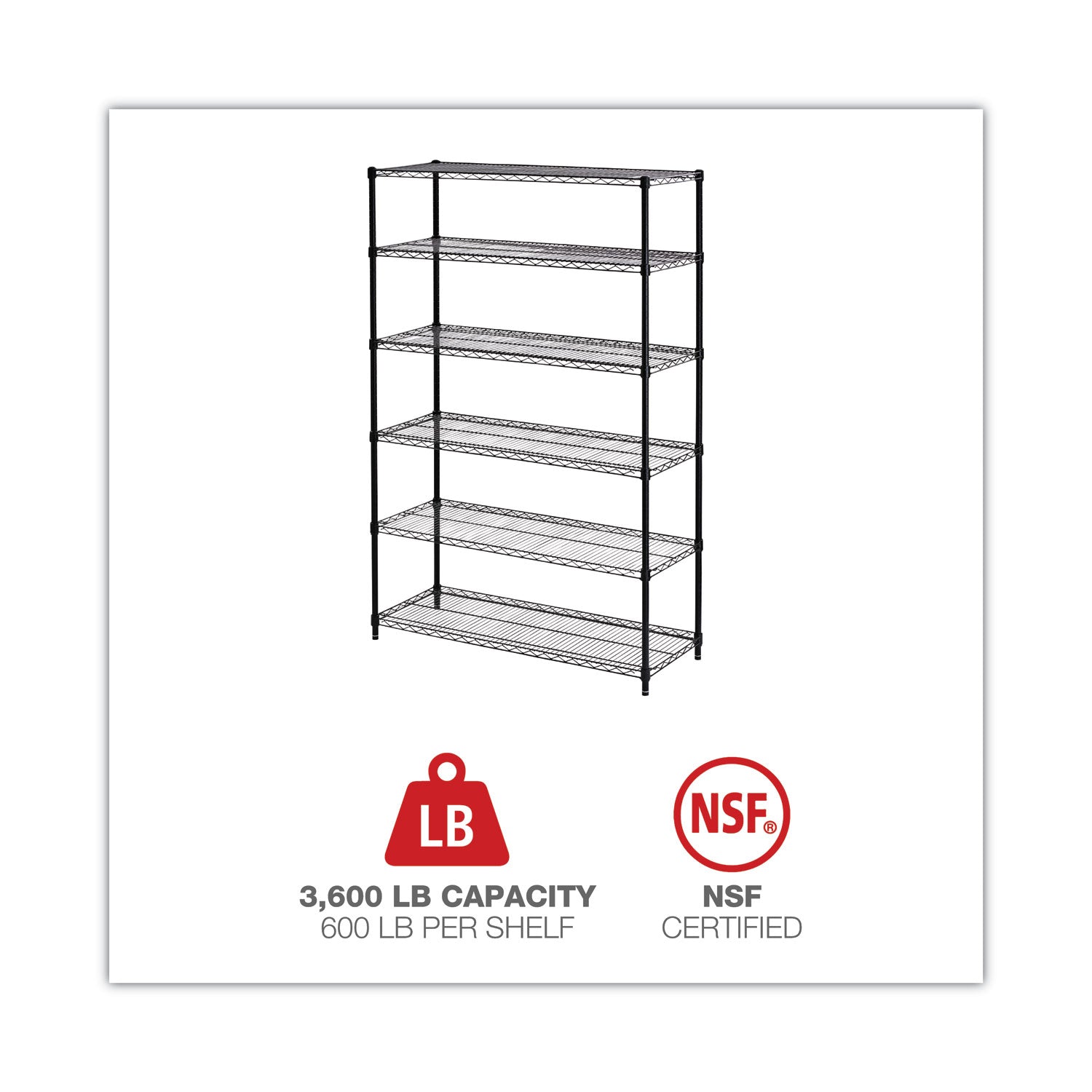 Alera® NSF Certified 6-Shelf Wire Shelving Kit, 48w x 18d x 72h, Black