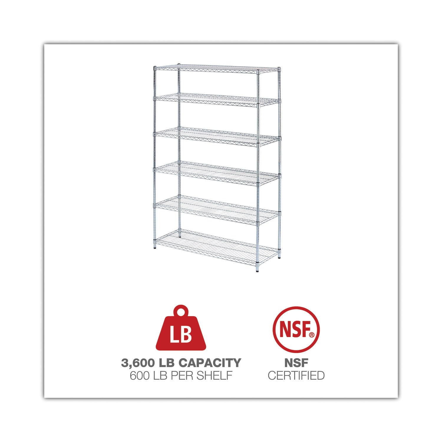 Alera® NSF Certified 6-Shelf Wire Shelving Kit, 48w x 18d x 72h, Silver