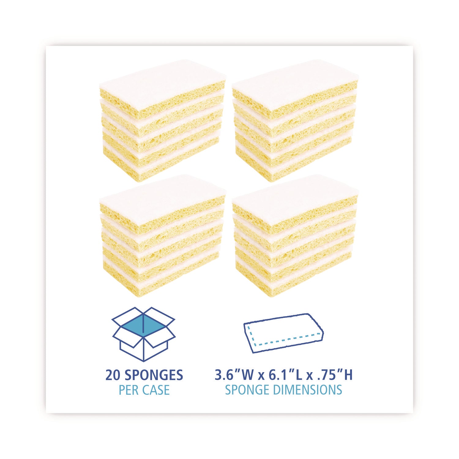 Boardwalk® Scrubbing Sponge, Light Duty, 3.6 x 6.1, 0.7" Thick, Yellow/White, Individually Wrapped, 20/Carton