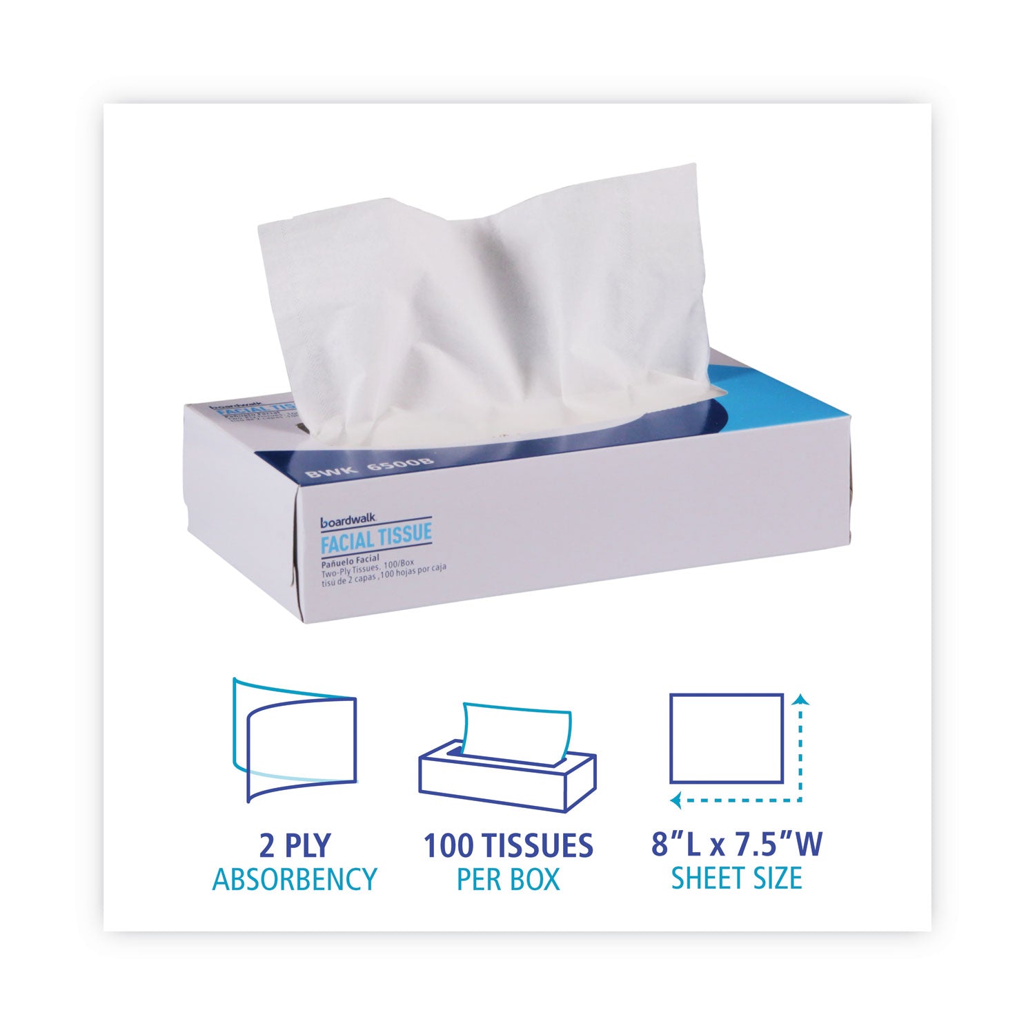 Boardwalk® Office Packs Facial Tissue, 2-Ply, White, Flat Box, 100 Sheets/Box, 30 Boxes/Carton