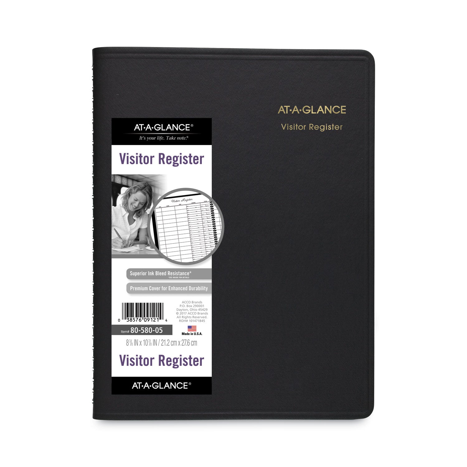 AT-A-GLANCE® Visitor Register Book, Black Cover, 10.88 x 8.38 Sheets, 60 Sheets/Book