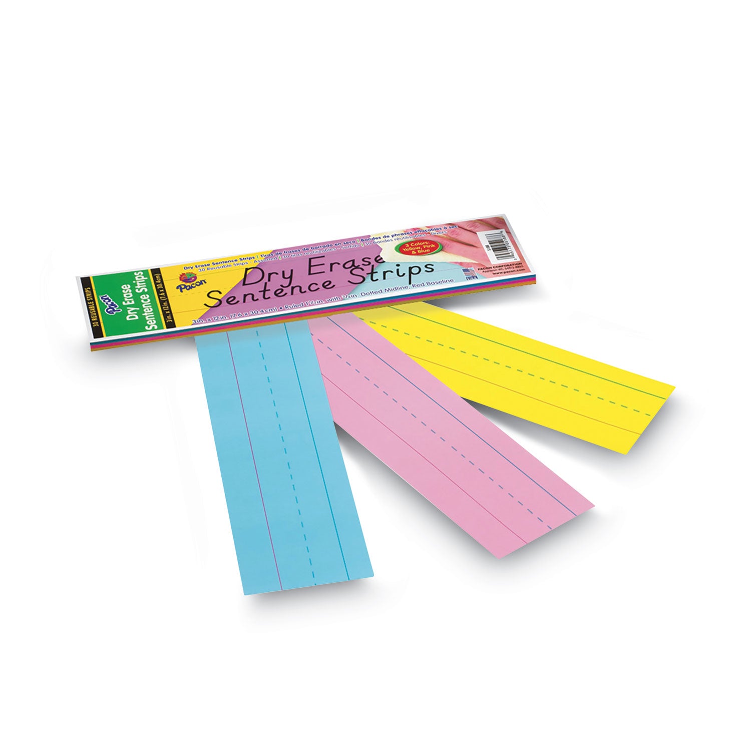 Pacon® Dry Erase Sentence Strips, 12 x 3, Blue; Pink; Yellow, 30/Pack