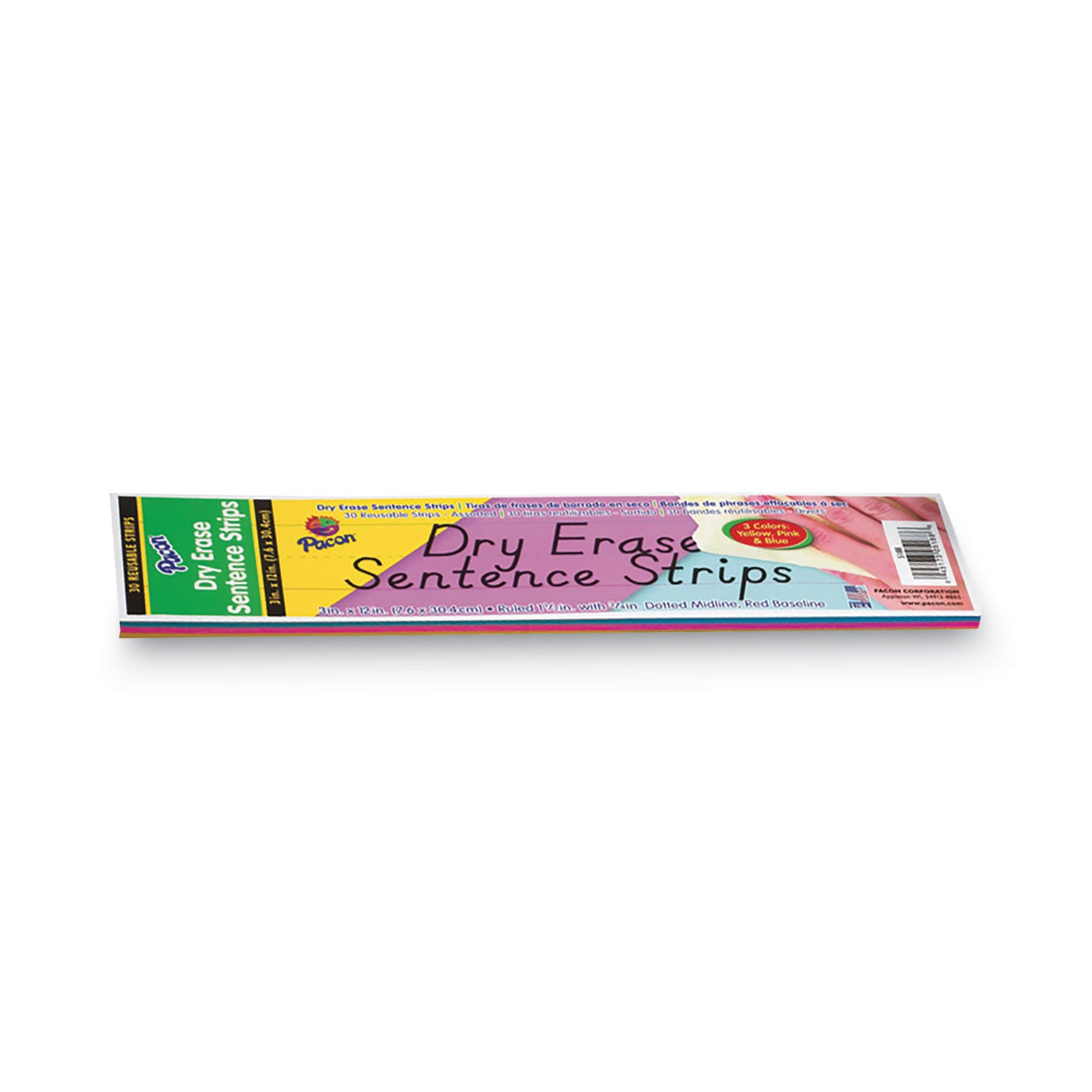 Pacon® Dry Erase Sentence Strips, 12 x 3, Blue; Pink; Yellow, 30/Pack