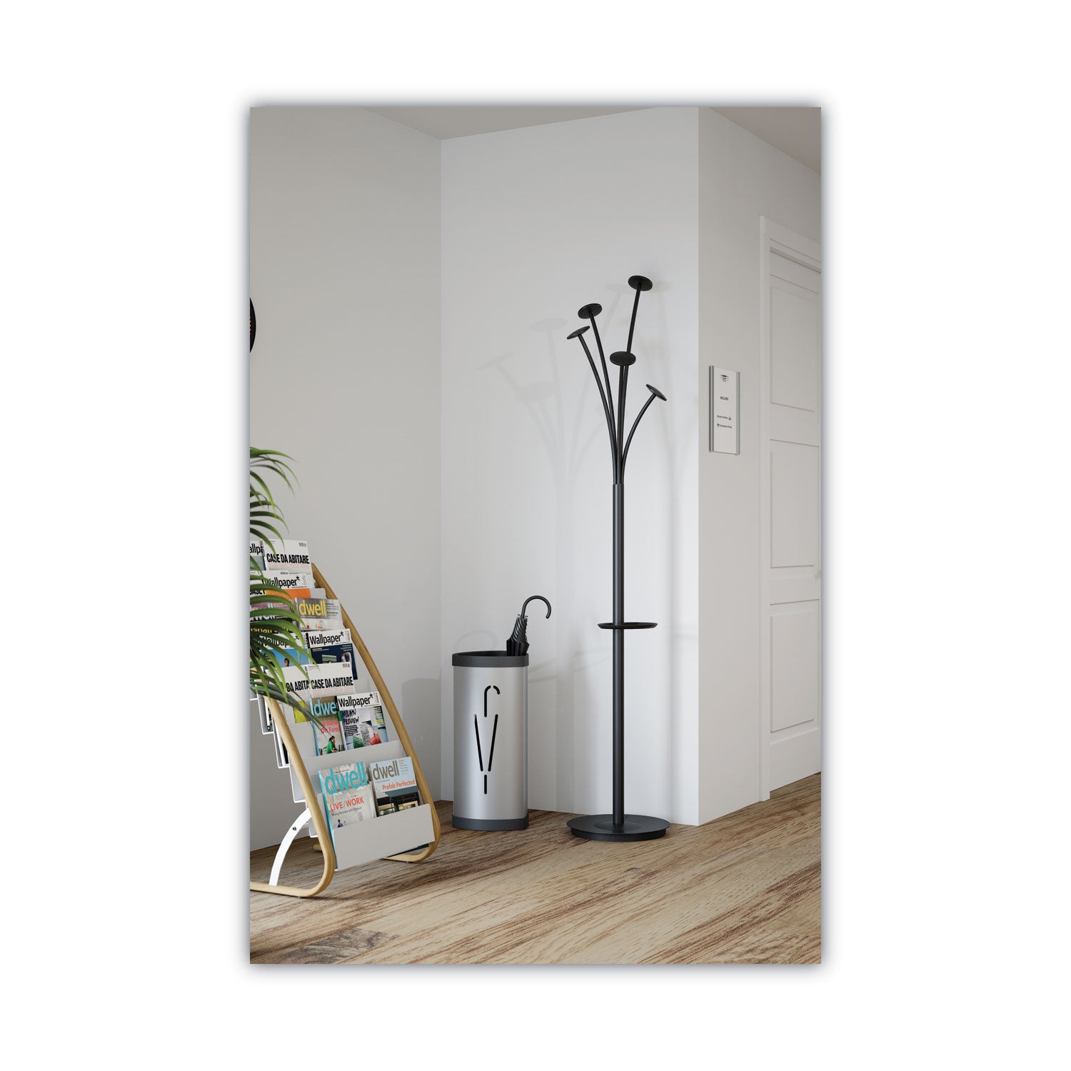 Alba™ Festival Coat Stand with Umbrella Holder, Five Knobs, 14w x 14d x 73.67h, Black