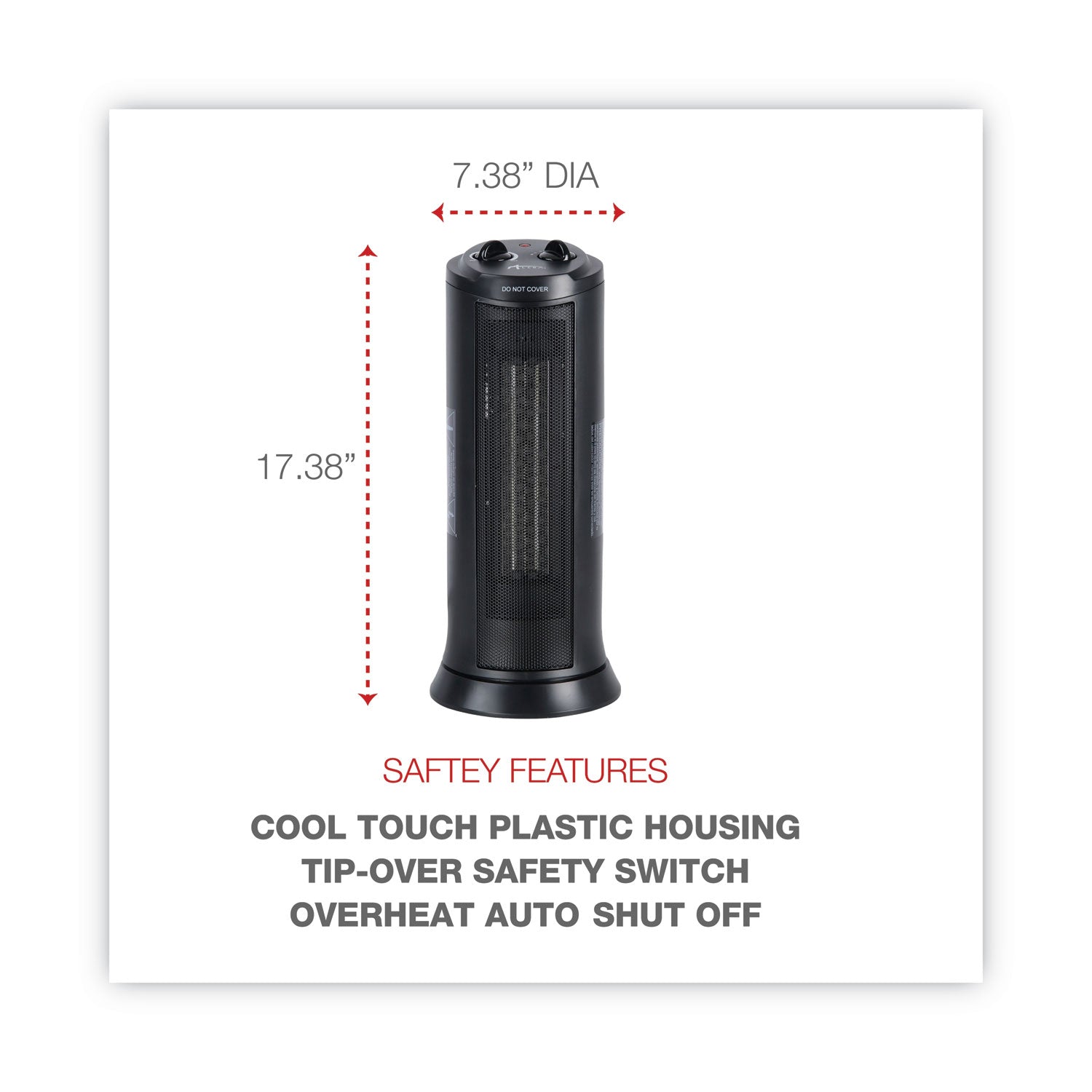 Alera® Mini Tower Ceramic Heater, 1,500 W, 7.37 x 7.37 x 17.37, Black