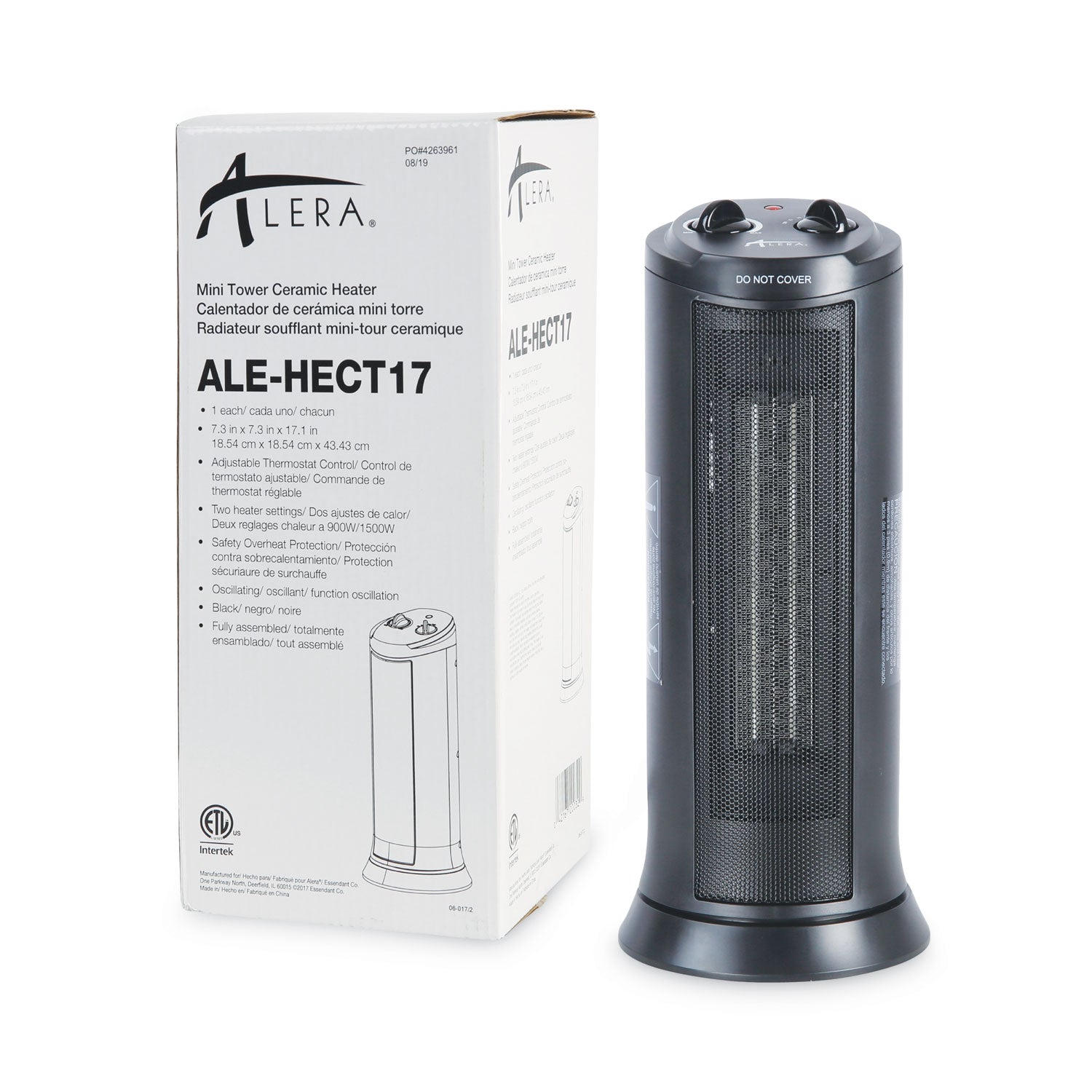 Alera® Mini Tower Ceramic Heater, 1,500 W, 7.37 x 7.37 x 17.37, Black