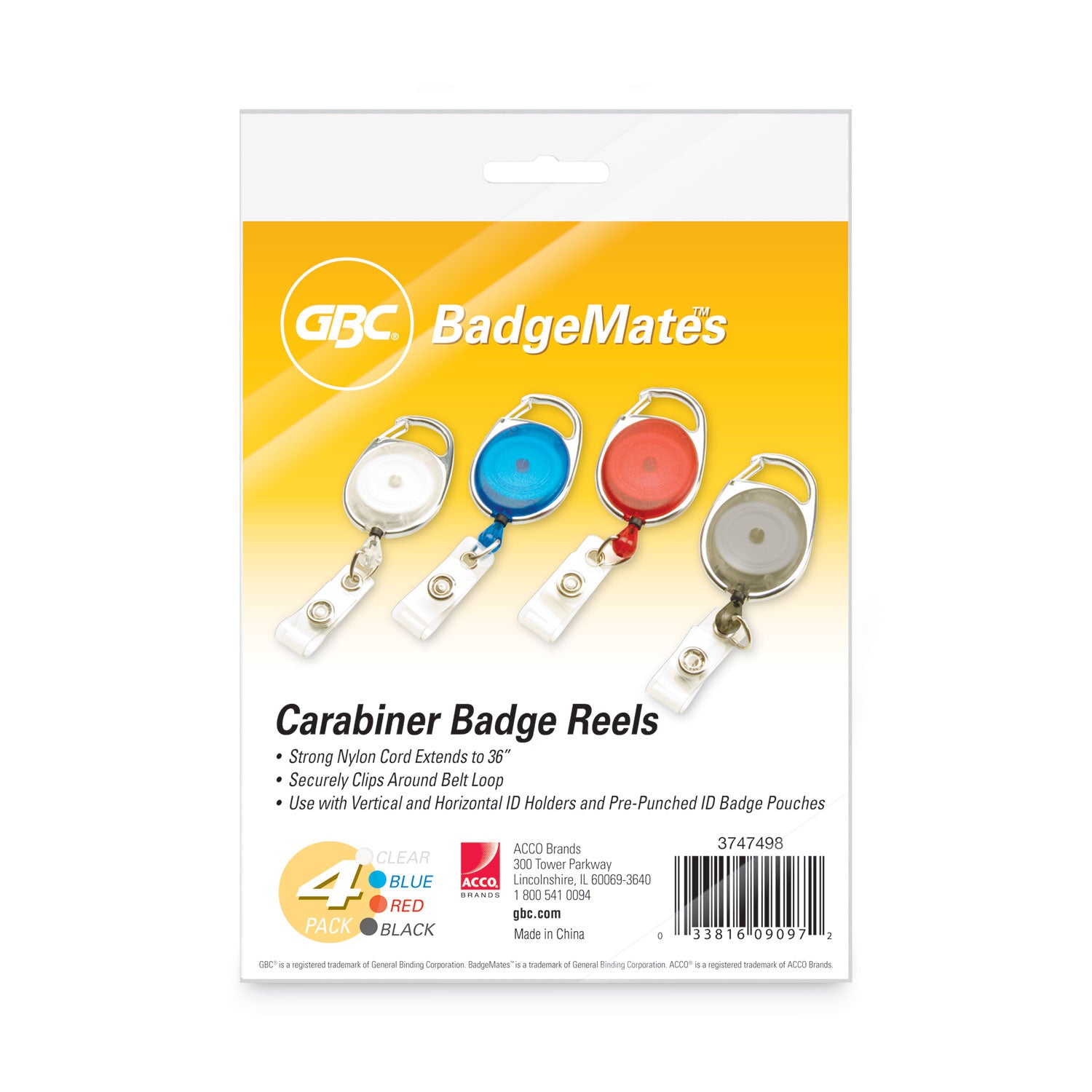 GBC® BadgeMates Belt Clip Badge Reels, 36" Extension, Assorted Colors, 4/Pack