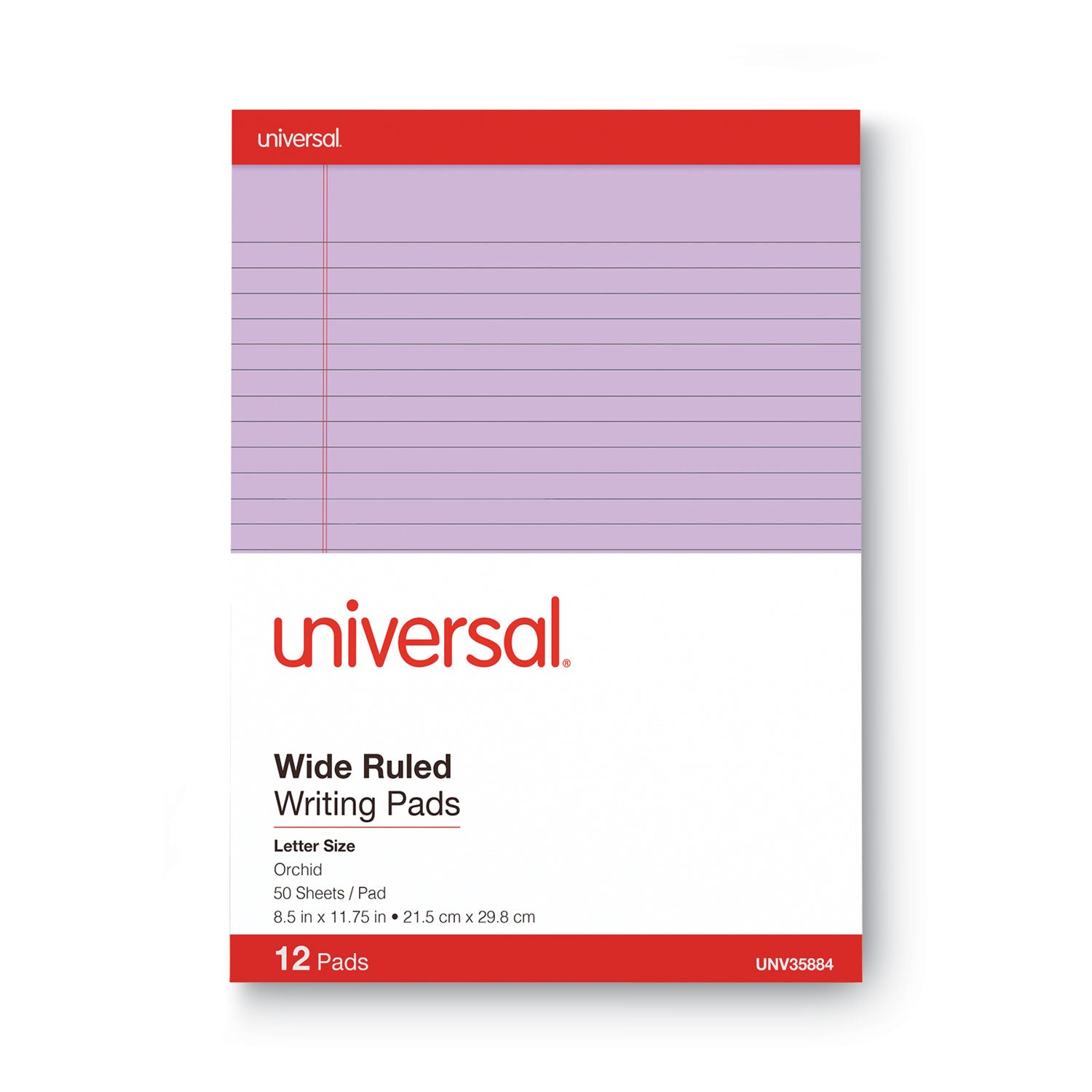 Universal® Colored Perforated Ruled Writing Pads, Wide/Legal Rule, 50 Orchid 8.5 x 11 Sheets, Dozen