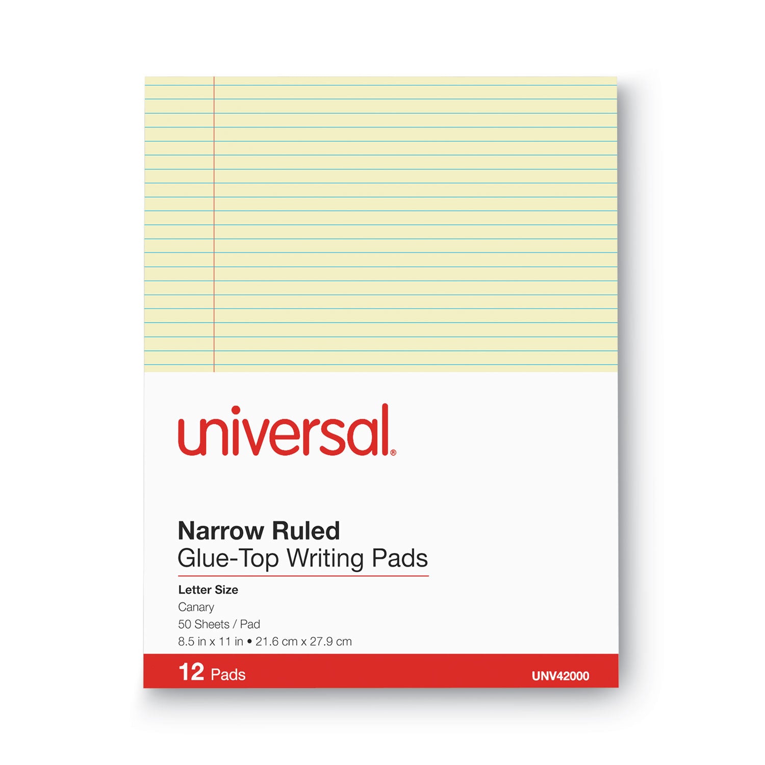 Universal® Glue Top Pads, Narrow Rule, 50 Canary-Yellow 8.5 x 11 Sheets, Dozen