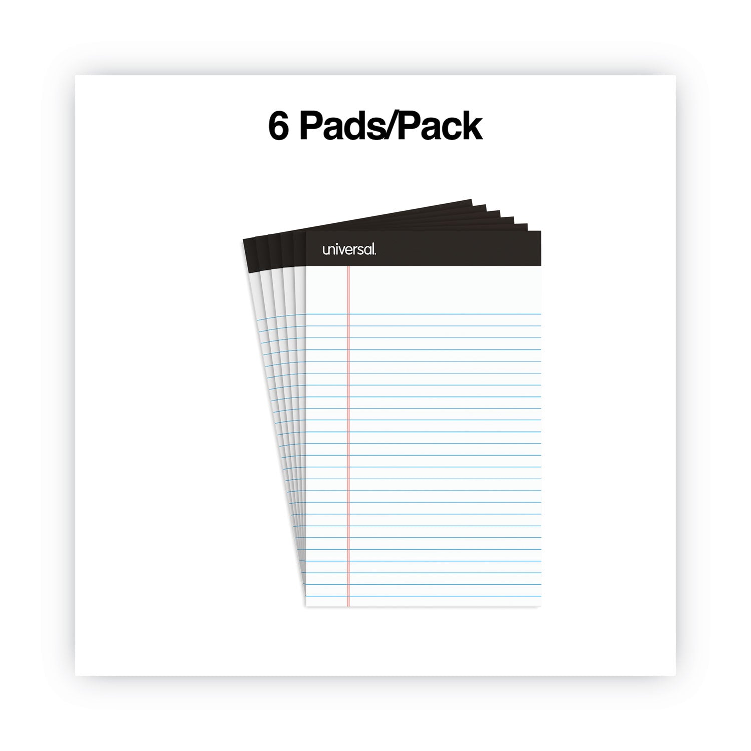 Universal® Premium Ruled Writing Pads with Heavy-Duty Back, Narrow Rule, Black Headband, 50 White 5 x 8 Sheets, 6/Pack