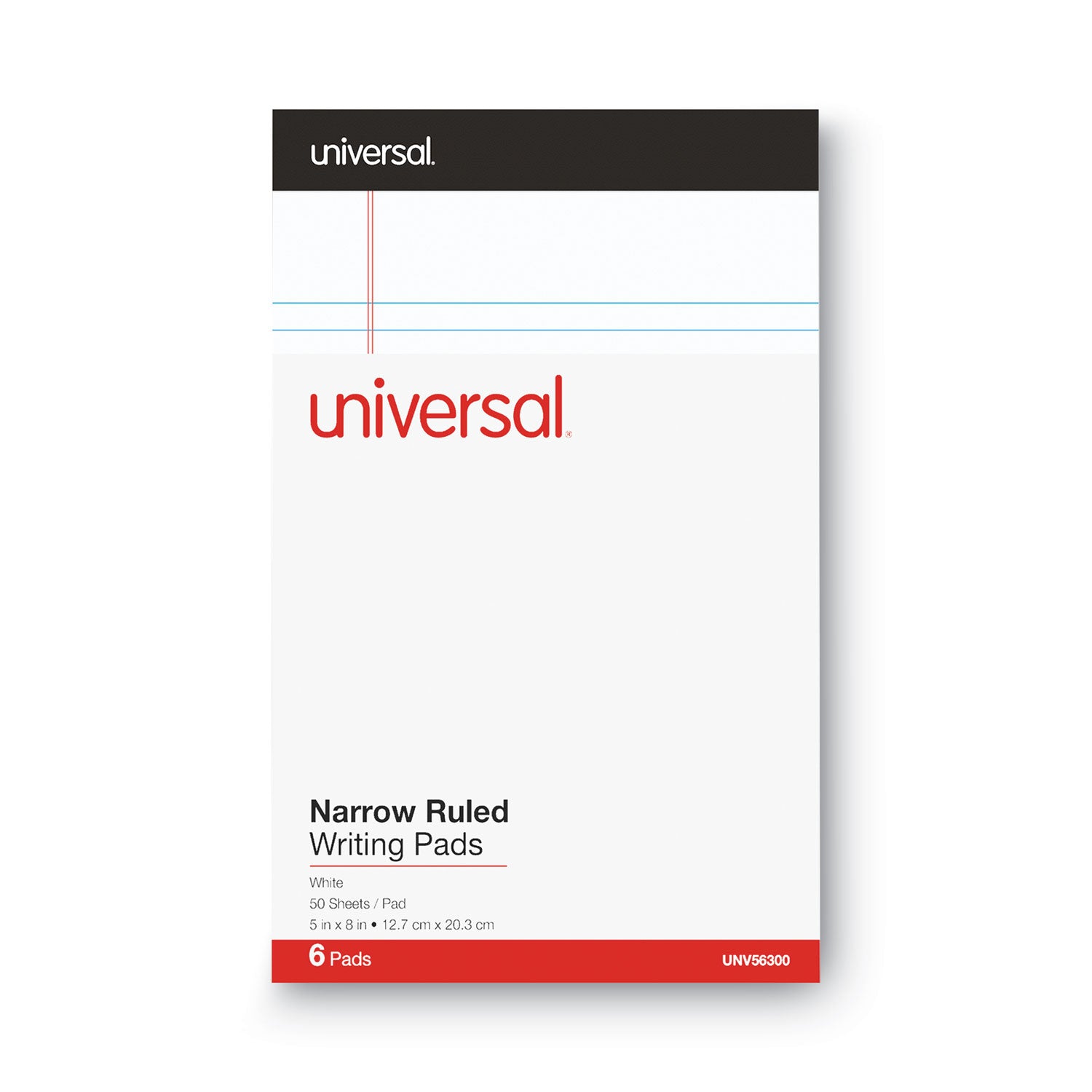 Universal® Premium Ruled Writing Pads with Heavy-Duty Back, Narrow Rule, Black Headband, 50 White 5 x 8 Sheets, 6/Pack