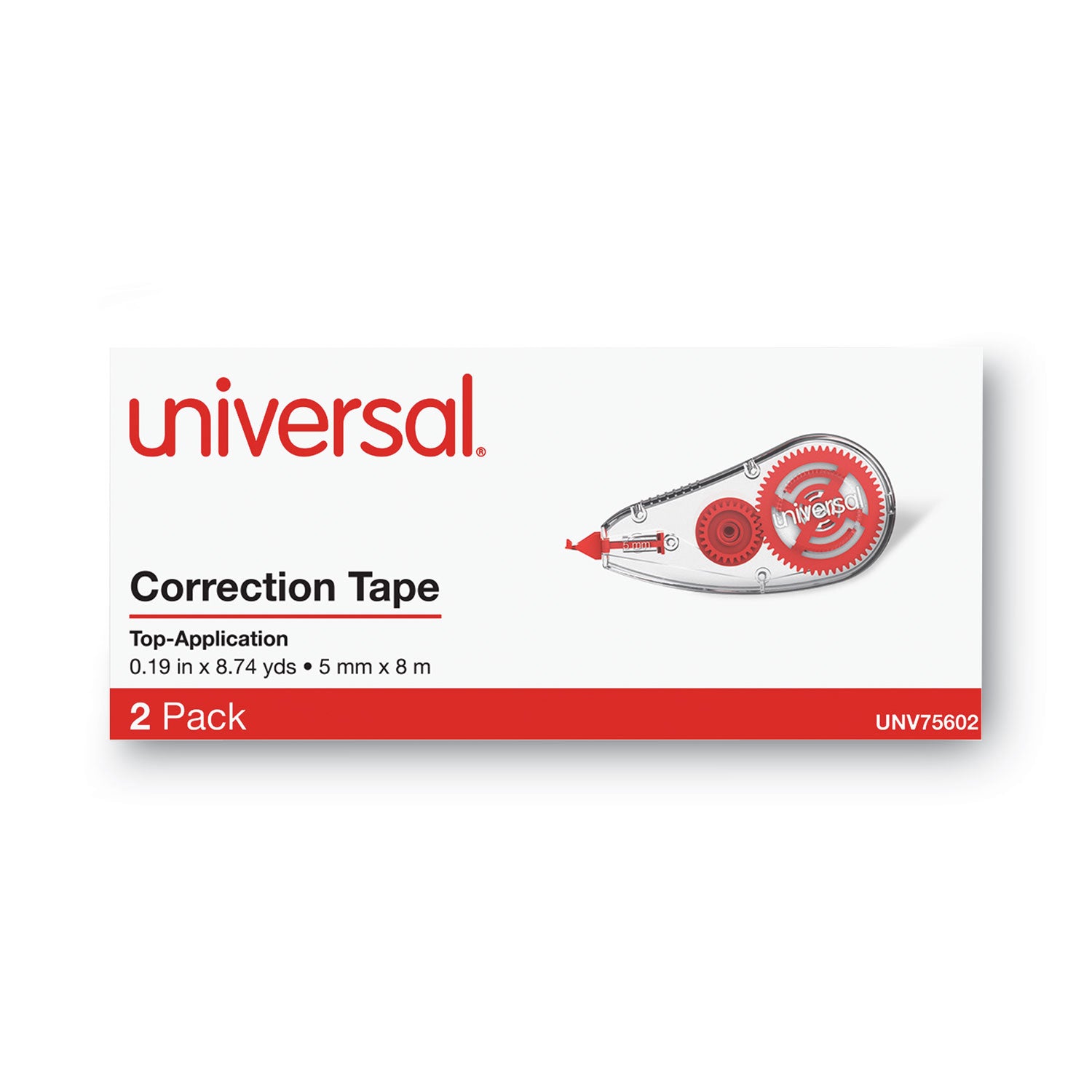 Universal® Correction Tape Dispenser, Non-Refillable, Transparent Red Applicator, 0.2" x 315", 2/Pack