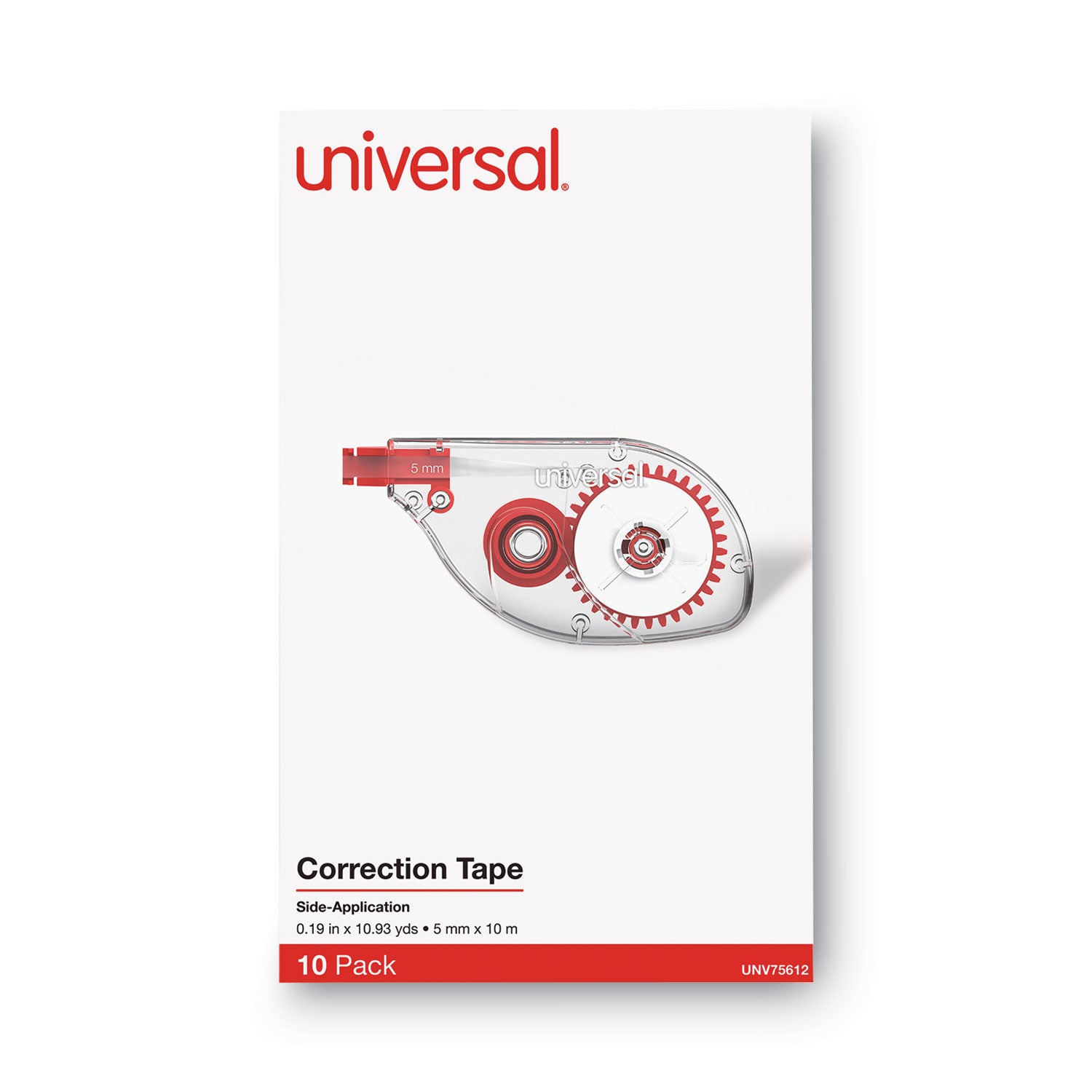 Universal® Side-Application Correction Tape, Non-Refillable, Transparent Gray/Red Applicator,  0.2" x 393", 10/Pack