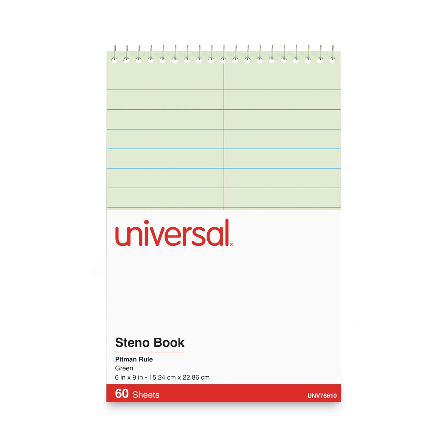 Universal® Steno Pads, Pitman Rule, Red Cover, 60 Green-Tint 6 x 9 Sheets