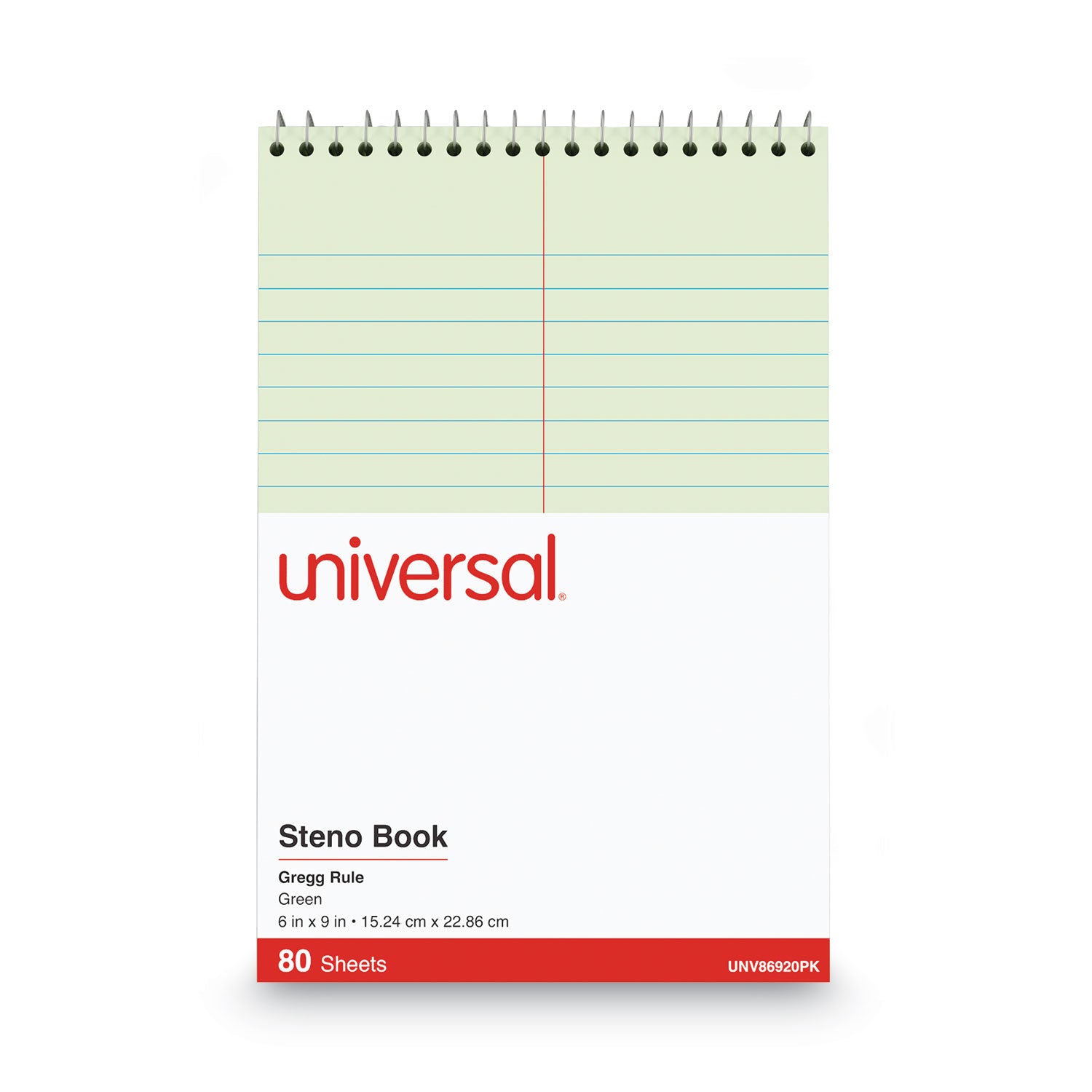 Universal® Steno Pads, Gregg Rule, Red Cover, 80 Green-Tint 6 x 9 Sheets, 6/Pack