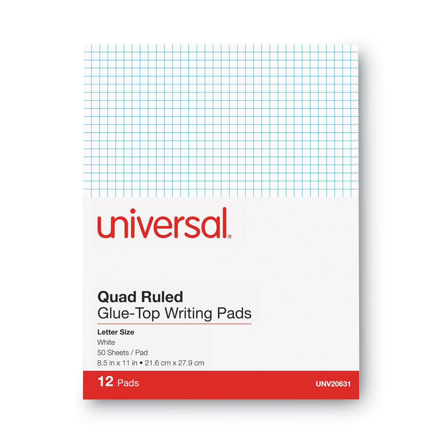 Universal® Quadrille-Rule Glue Top Pads, Quadrille Rule (4 sq/in), 50 White 8.5 x 11 Sheets, Dozen