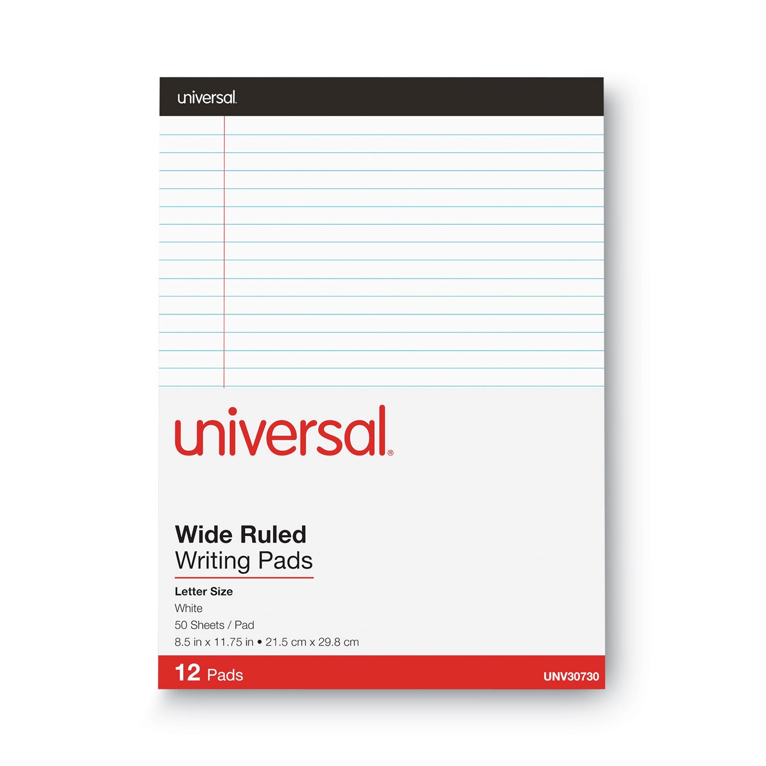 Universal® Premium Ruled Writing Pads with Heavy-Duty Back, Wide/Legal Rule, Black Headband, 50 White 8.5 x 11 Sheets, 12/Pack