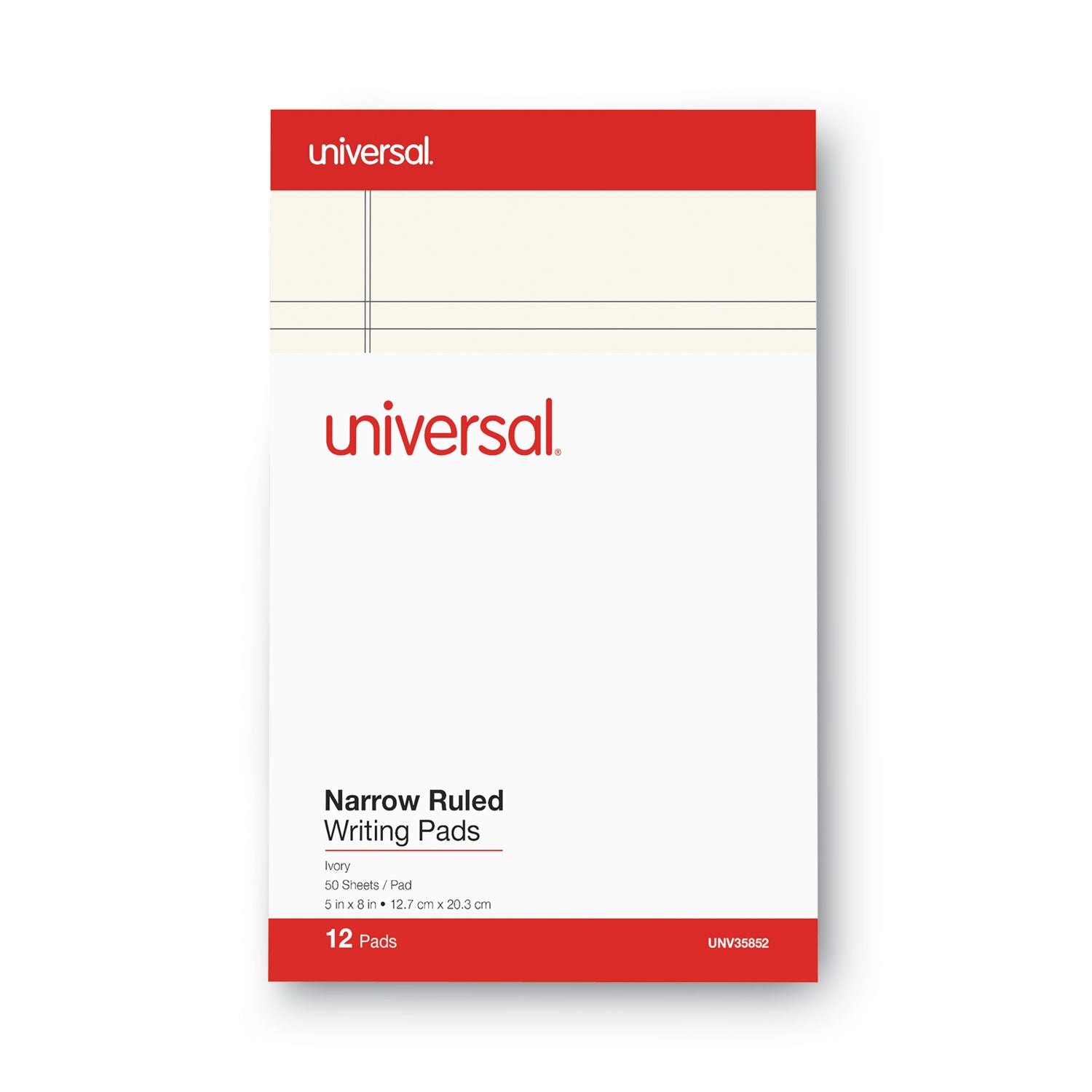 Universal® Colored Perforated Ruled Writing Pads, Narrow Rule, 50 Ivory 5 x 8 Sheets, Dozen